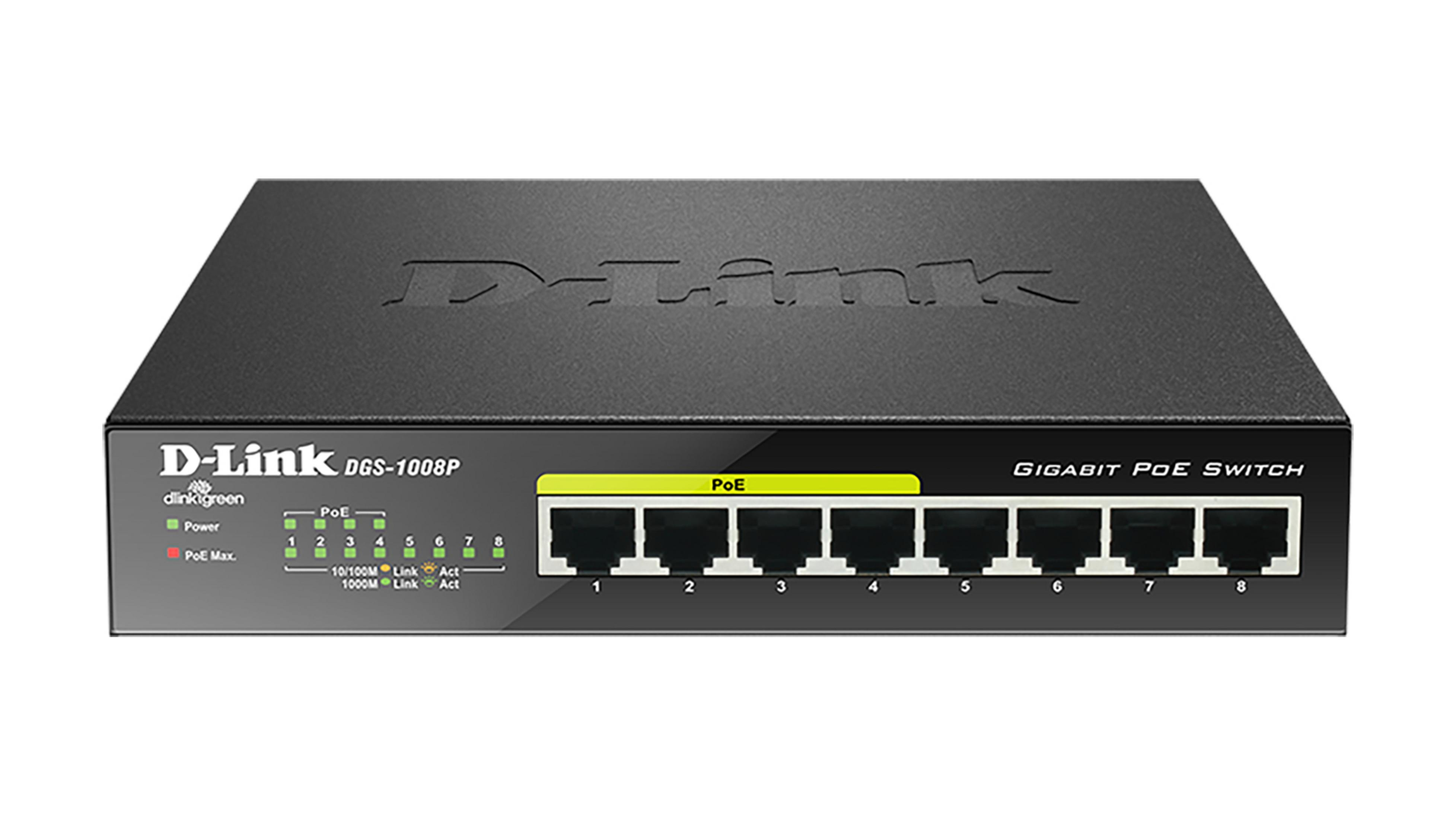 Ein schwarzer D-Link Gigabit PoE Switch mit 8 Ports und Status-LEDs.