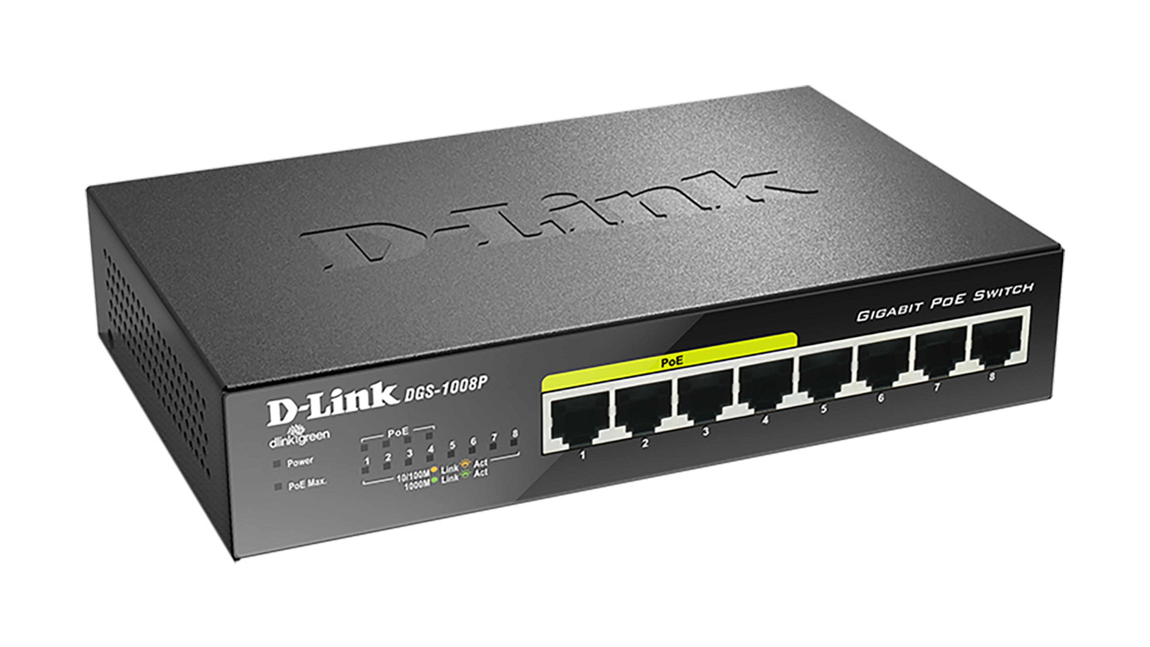 Schwarzer D-Link Gigabit PoE Switch mit 8 Ports und LED-Anzeigen.