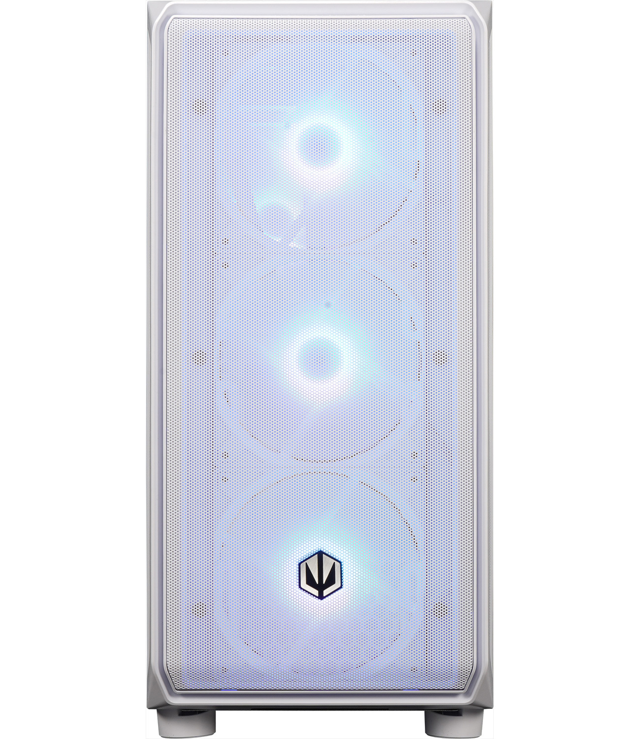 Ein weißer Computerturm mit drei beleuchteten Lüftern und einem Logo vorne.