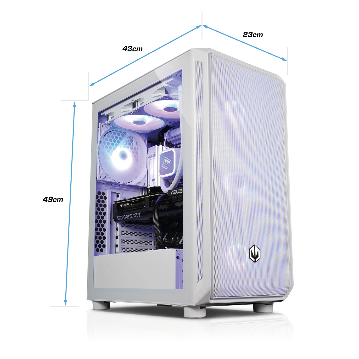 Weißes PC-Gehäuse, 49cm hoch, 43cm lang, 23cm breit, mit RGB-Lüftern und GPU.