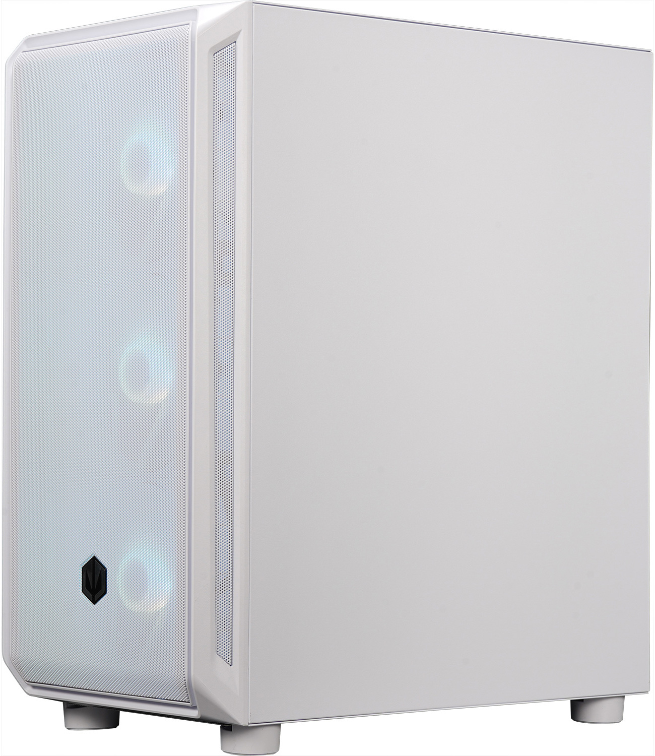 Ein weißes Computergehäuse mit Mesh-Front und beleuchteten Lüftern.