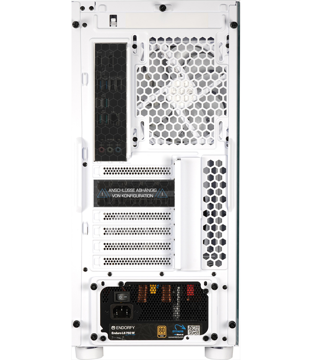 Rückseite eines weißen PC-Gehäuses mit Anschlüssen, Lüfter und Netzteil.