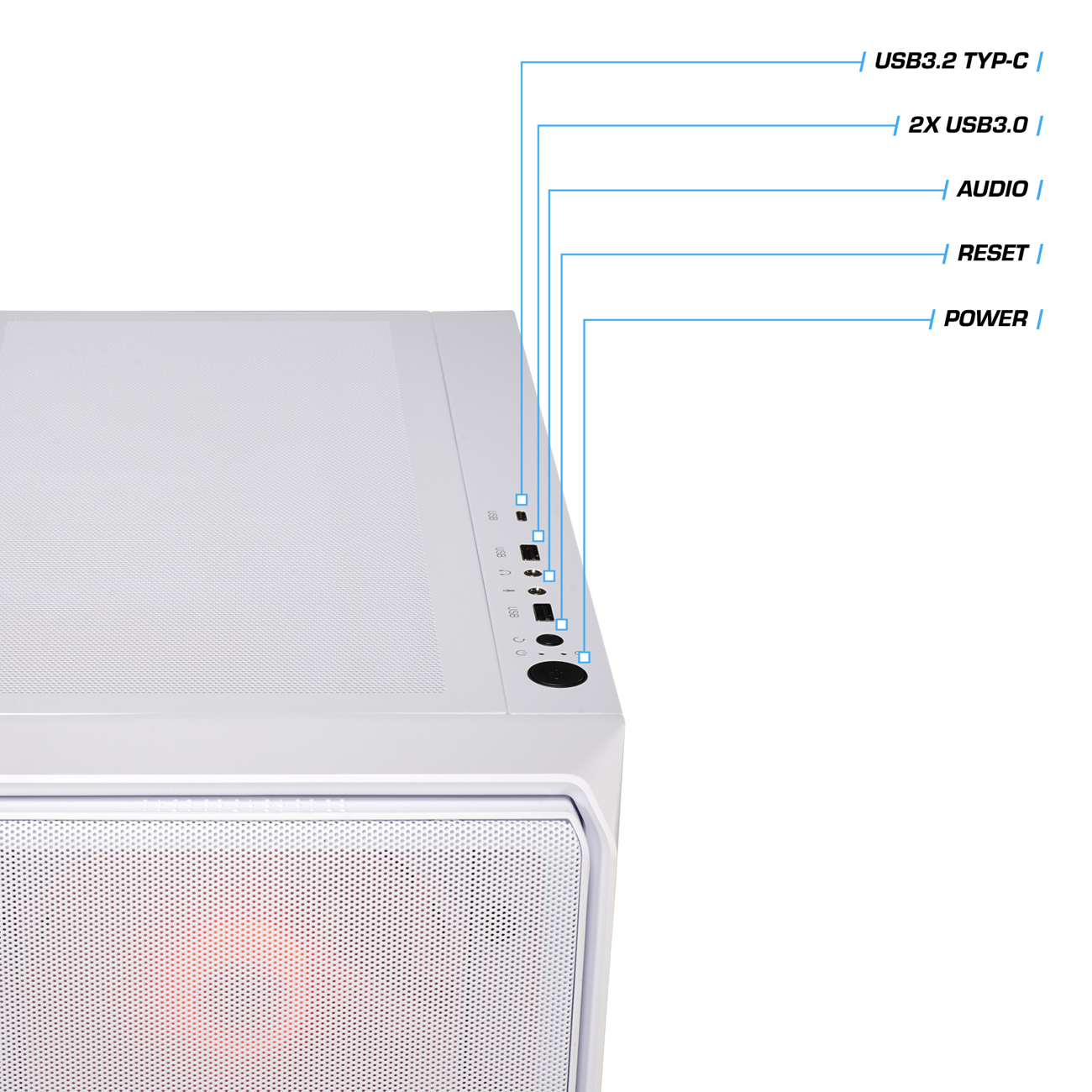 Weiße Computergehäuse-Front mit USB-C, 2x USB 3.0, Audio-, Reset-, Power-Tasten.