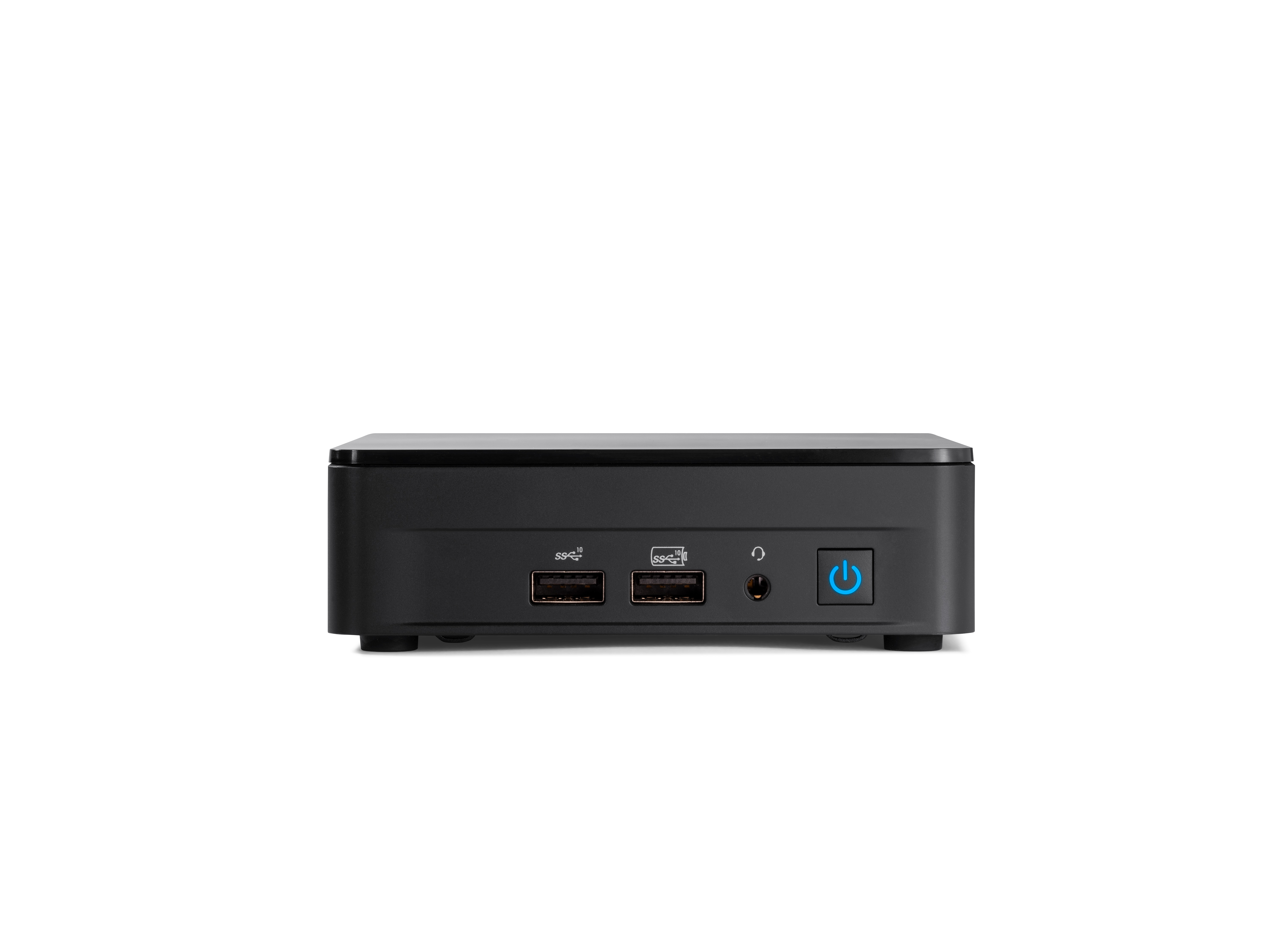 Ein kleiner schwarzer Computer mit USB-Anschlüssen, Kopfhörerbuchse und Netzschalter.