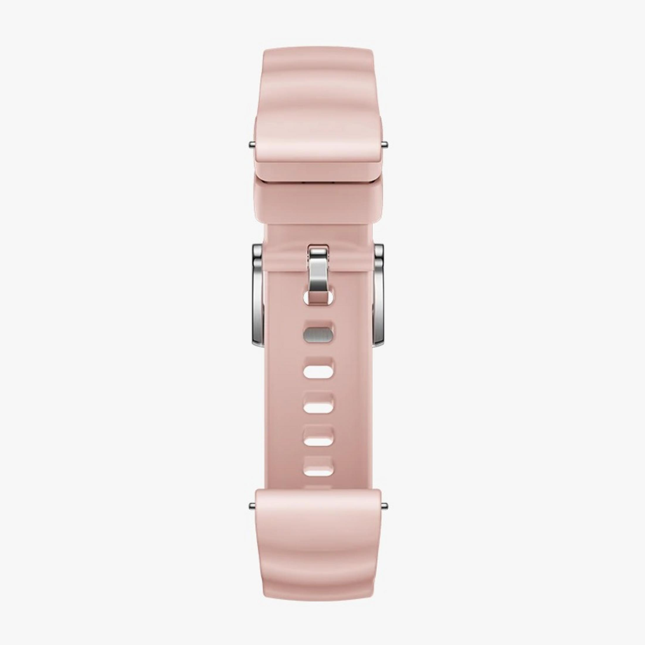 Un cinturino rosa per orologio con fibbia argentata, visto di lato.