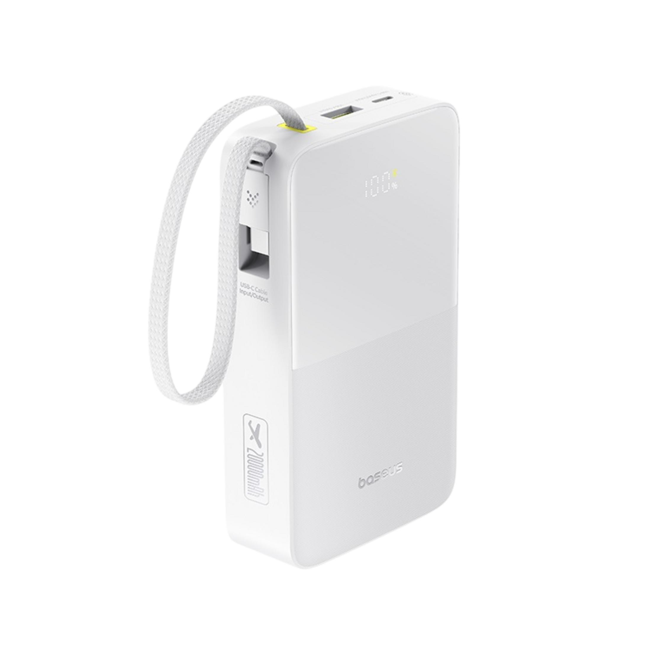 Power bank bianca da 20000mAh, ingresso/uscita USB-C e display di carica 100%.