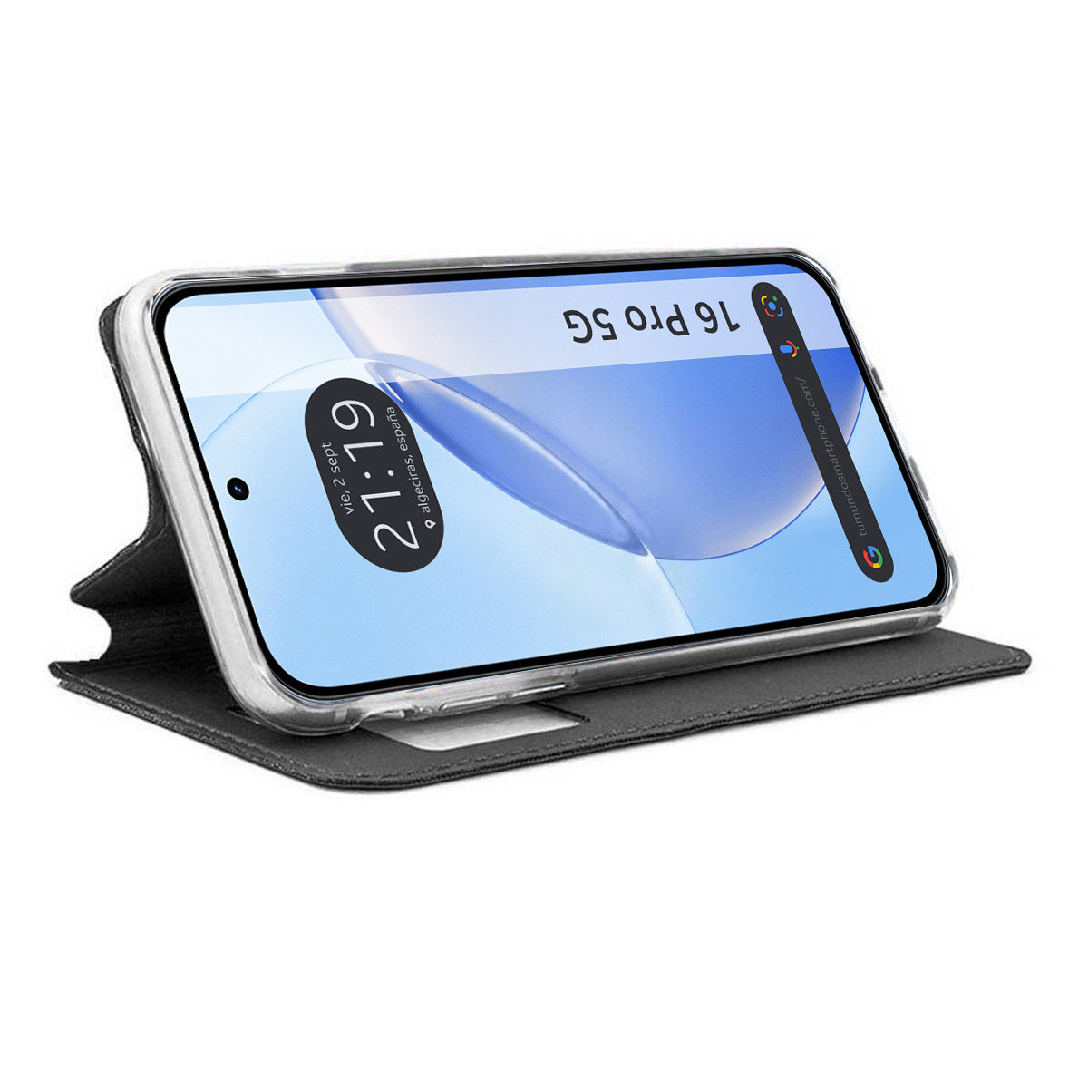 Un smartphone en una funda negra con fondo blanco
