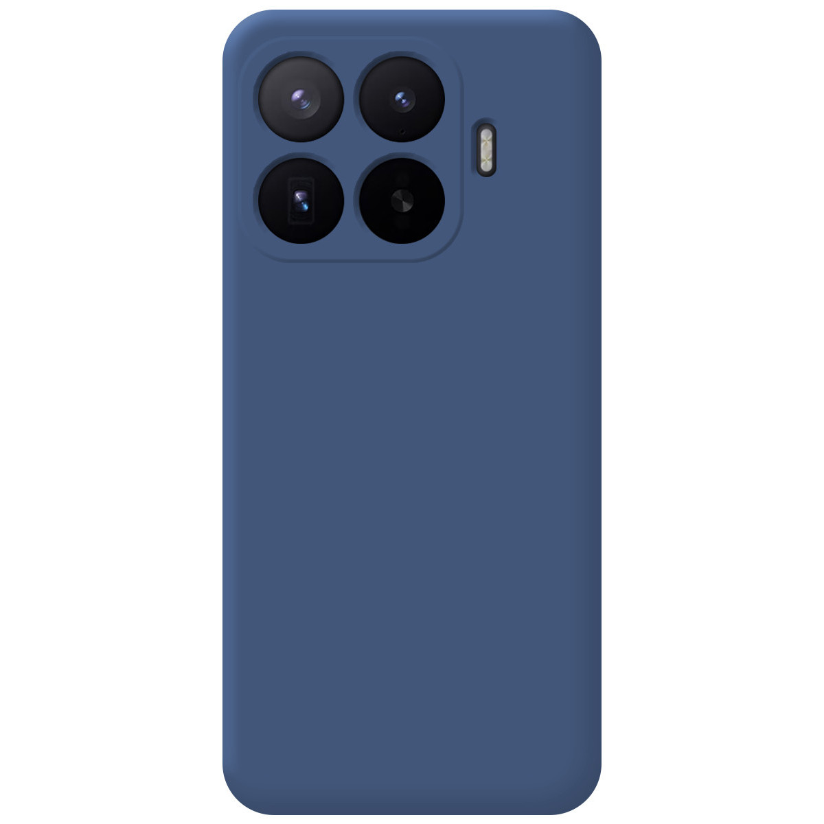 Una funda de teléfono azul oscuro con cuatro lentes de cámara y un flash.
