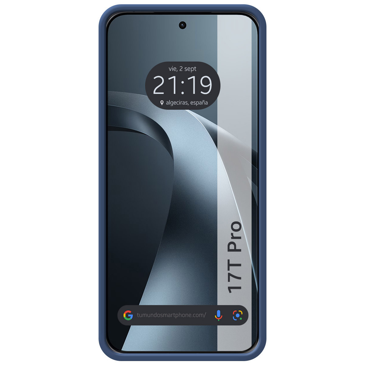 Un smartphone con borde azul muestra las 21:19 y "17T Pro".