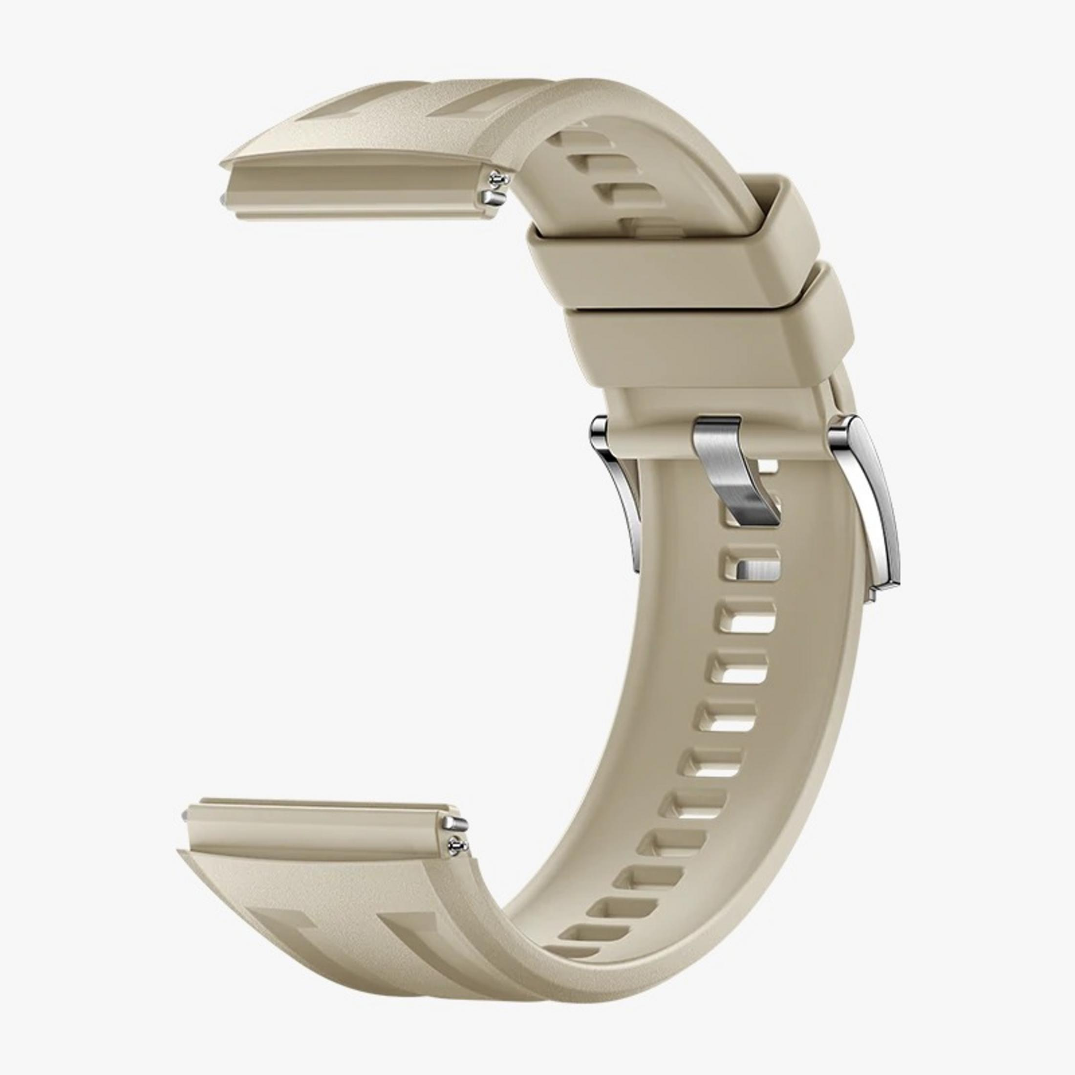 Un cinturino per orologio in gomma beige chiaro con fibbia argentata.