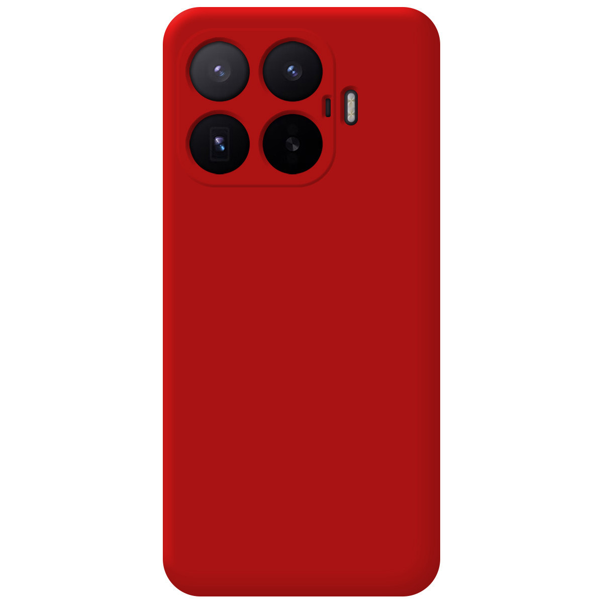 Funda de teléfono roja con cuatro lentes de cámara y flash.