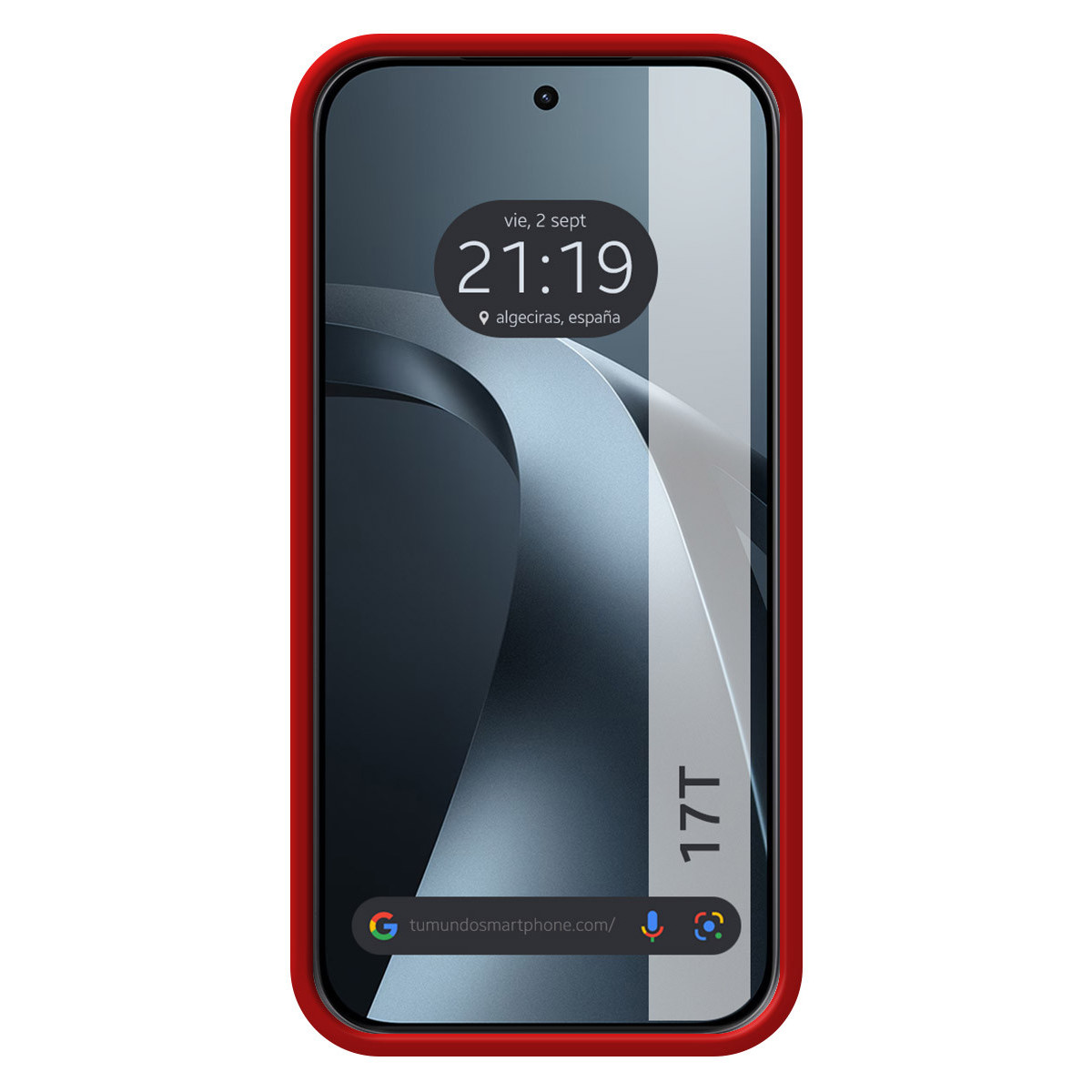 Un smartphone rojo que muestra la hora 21:19 sobre un fondo abstracto oscuro.