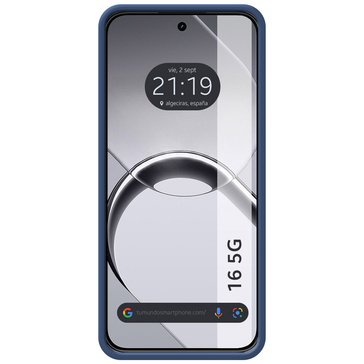 Un smartphone con borde azul muestra las 21:19 y Algeciras, España.