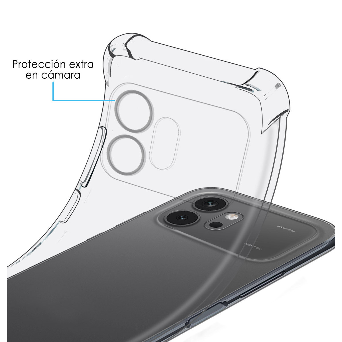 Funda transparente con enfoque en protección de cámara sobre un smartphone.
