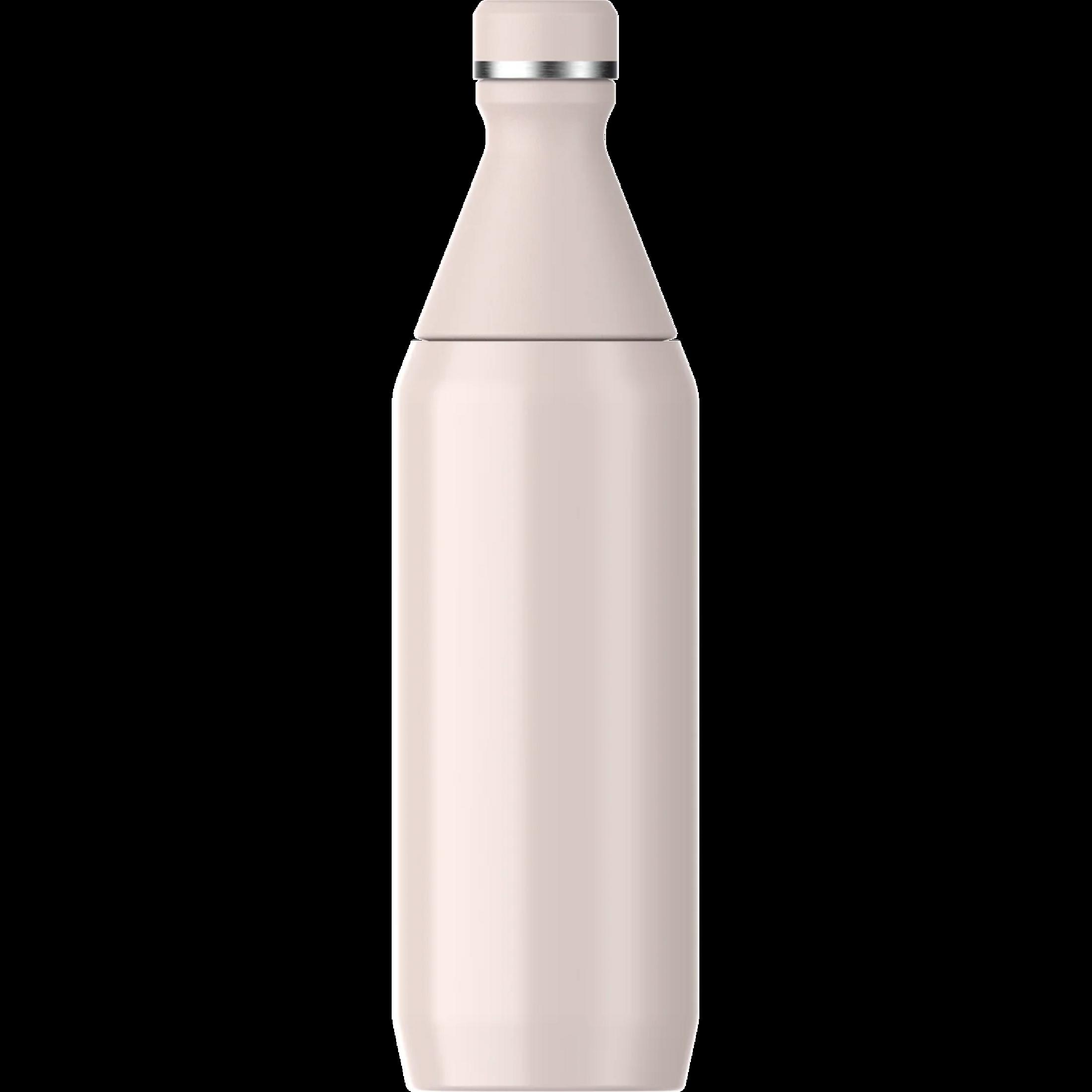 Eine schlichte, cremefarbene Wasserflasche mit silbernem Detail am Verschluss.