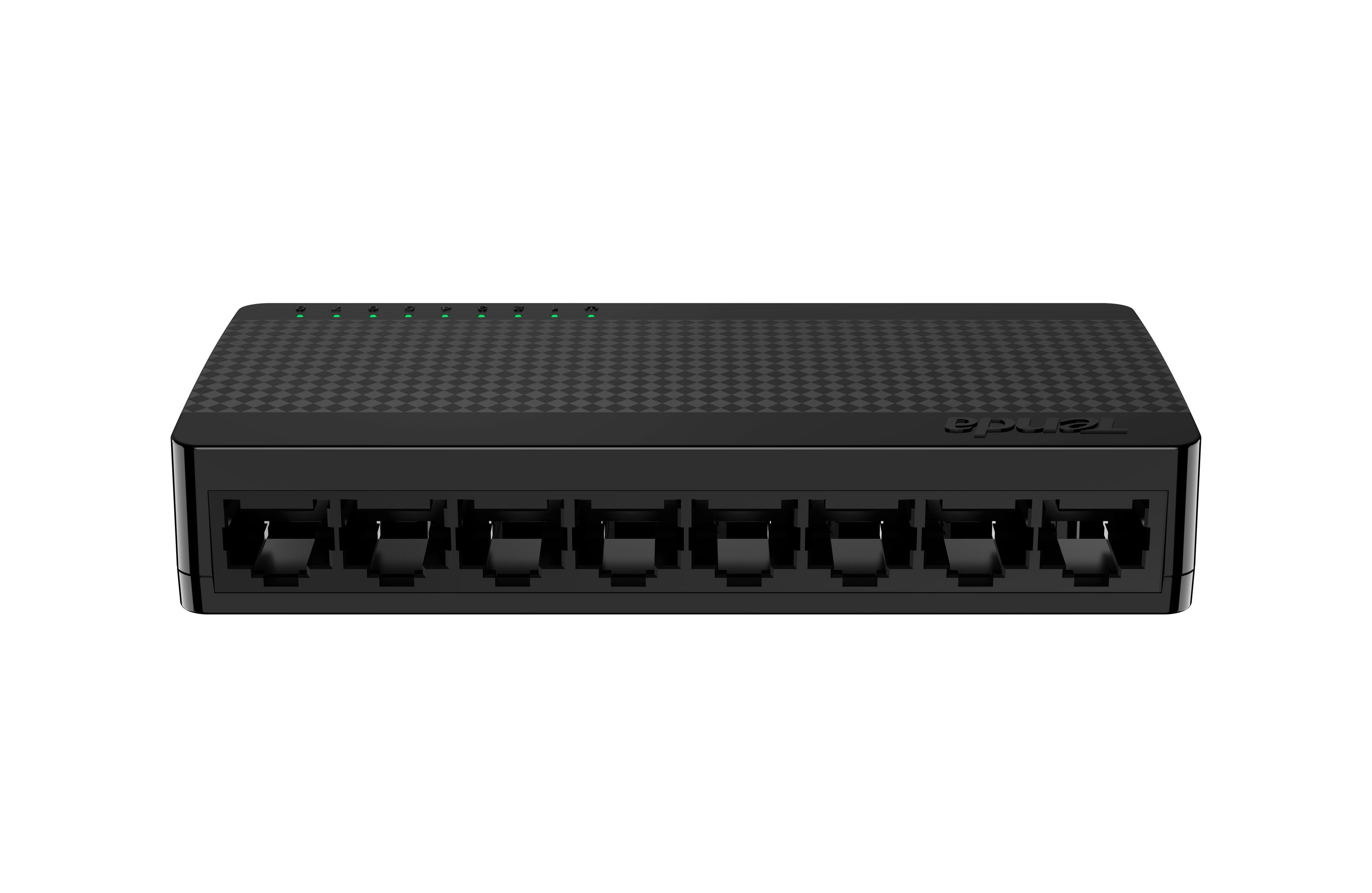 Uno switch di rete nero a 8 porte con LED verdi in cima.