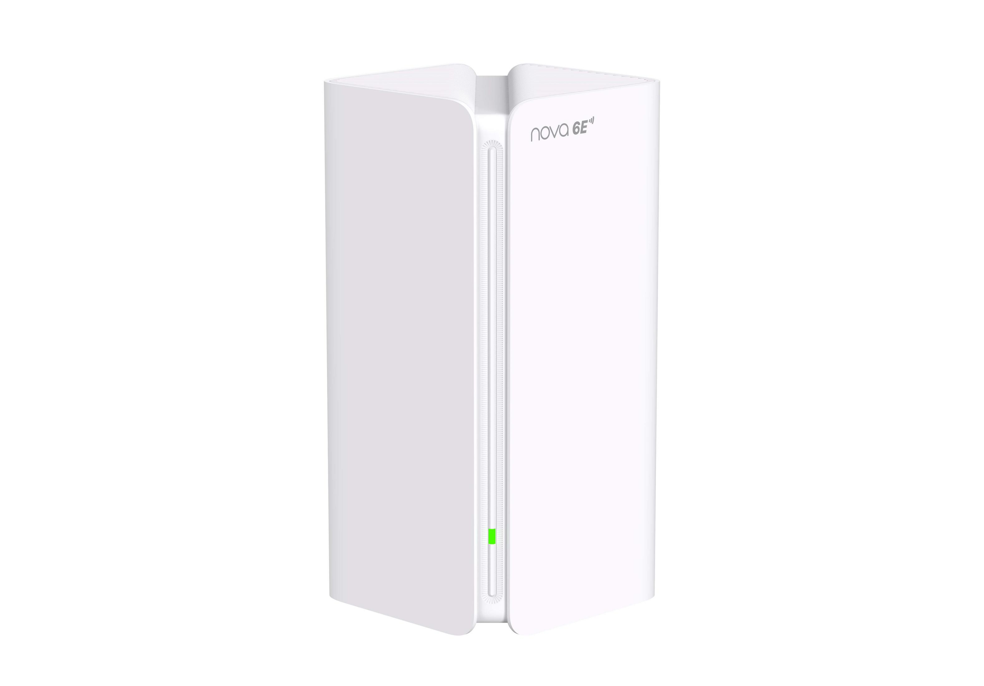 Weißer Router mit "NOVA 6E"-Aufschrift und grünem Lichtstreifen.