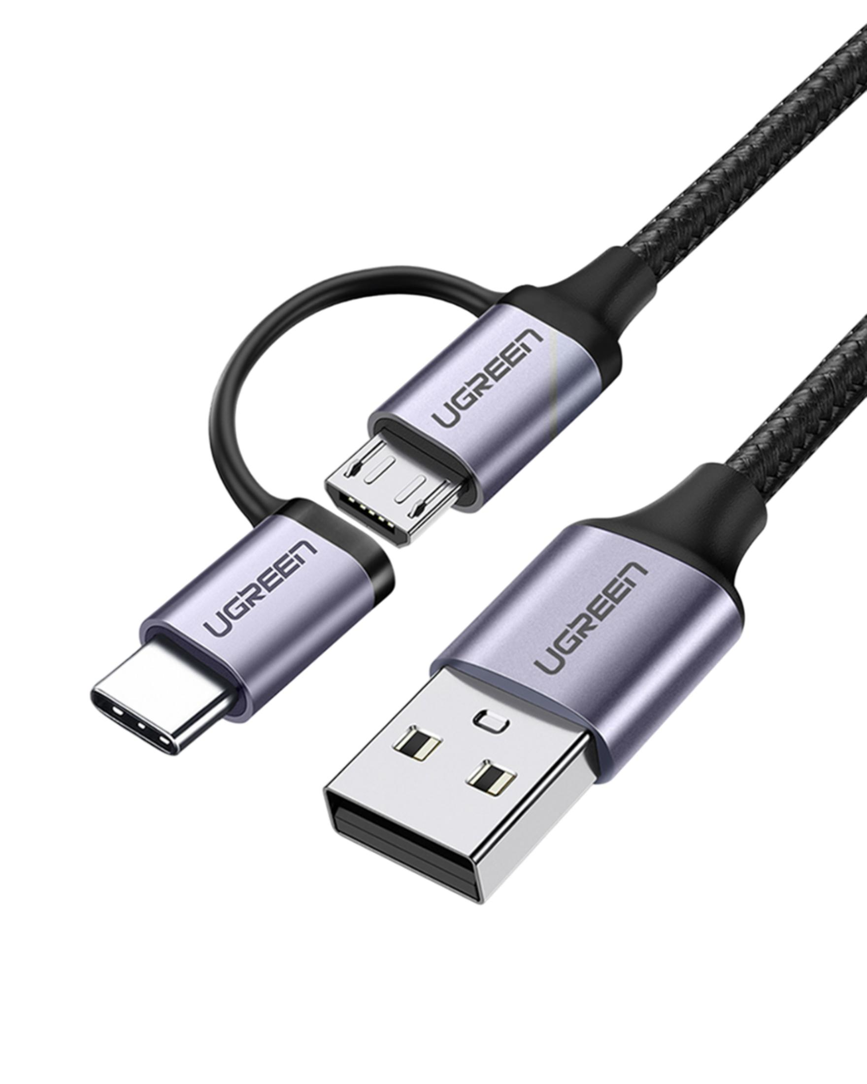 Kabel UGREEN USB-C, Micro USB i USB-A na białym tle.