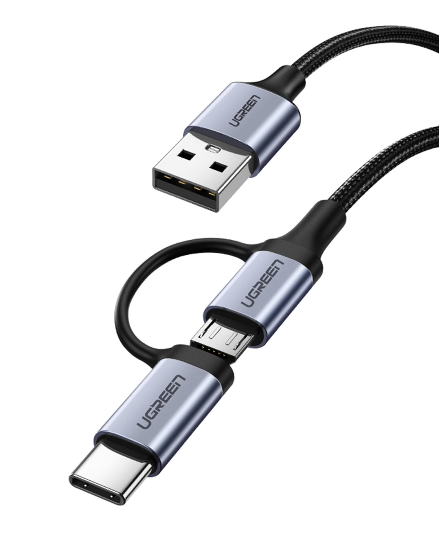 Złącze USB-A, Micro-USB i USB-C na czarnym kablu.