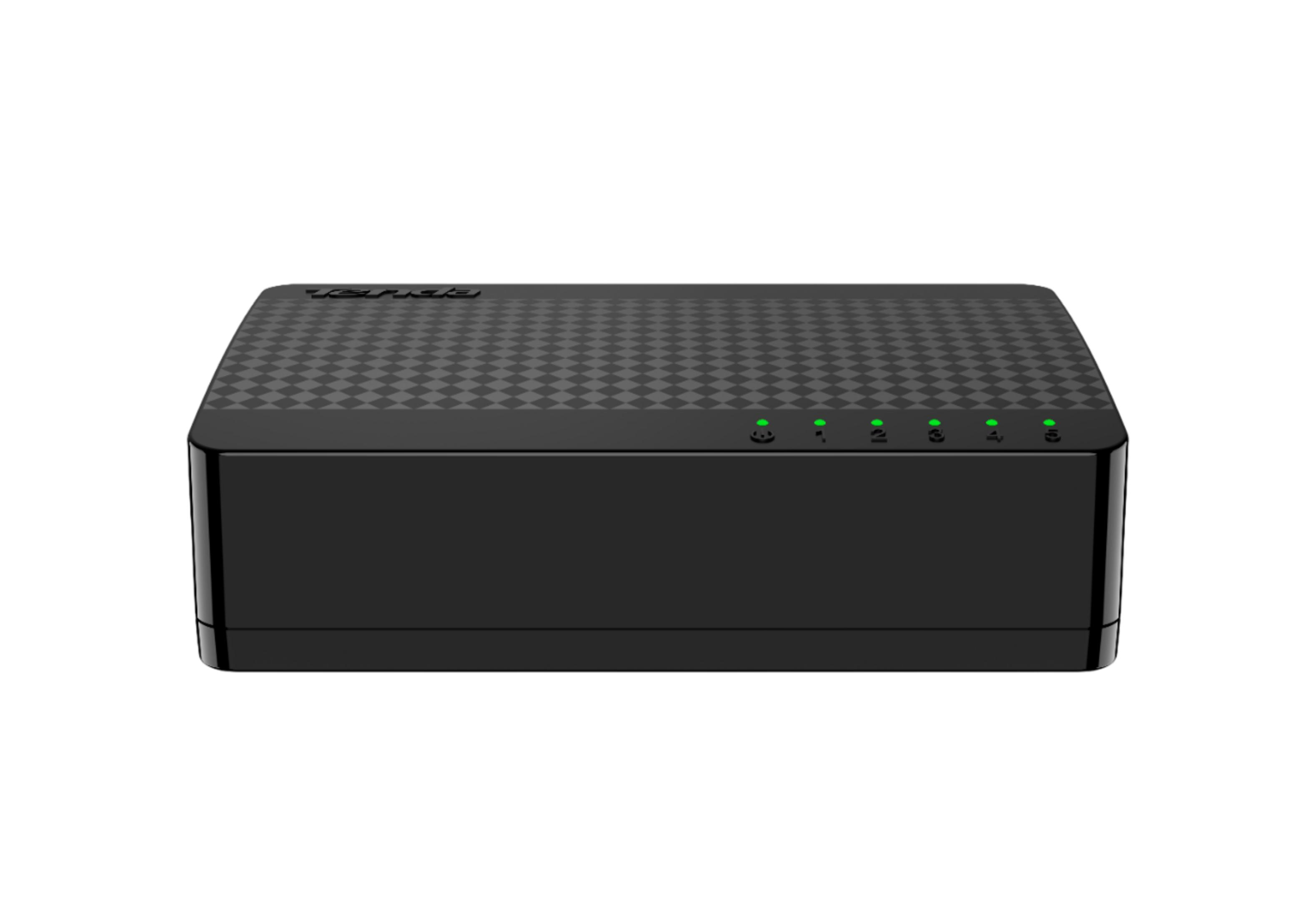 Uno switch di rete nero con cinque indicatori LED verdi sulla superficie superiore.