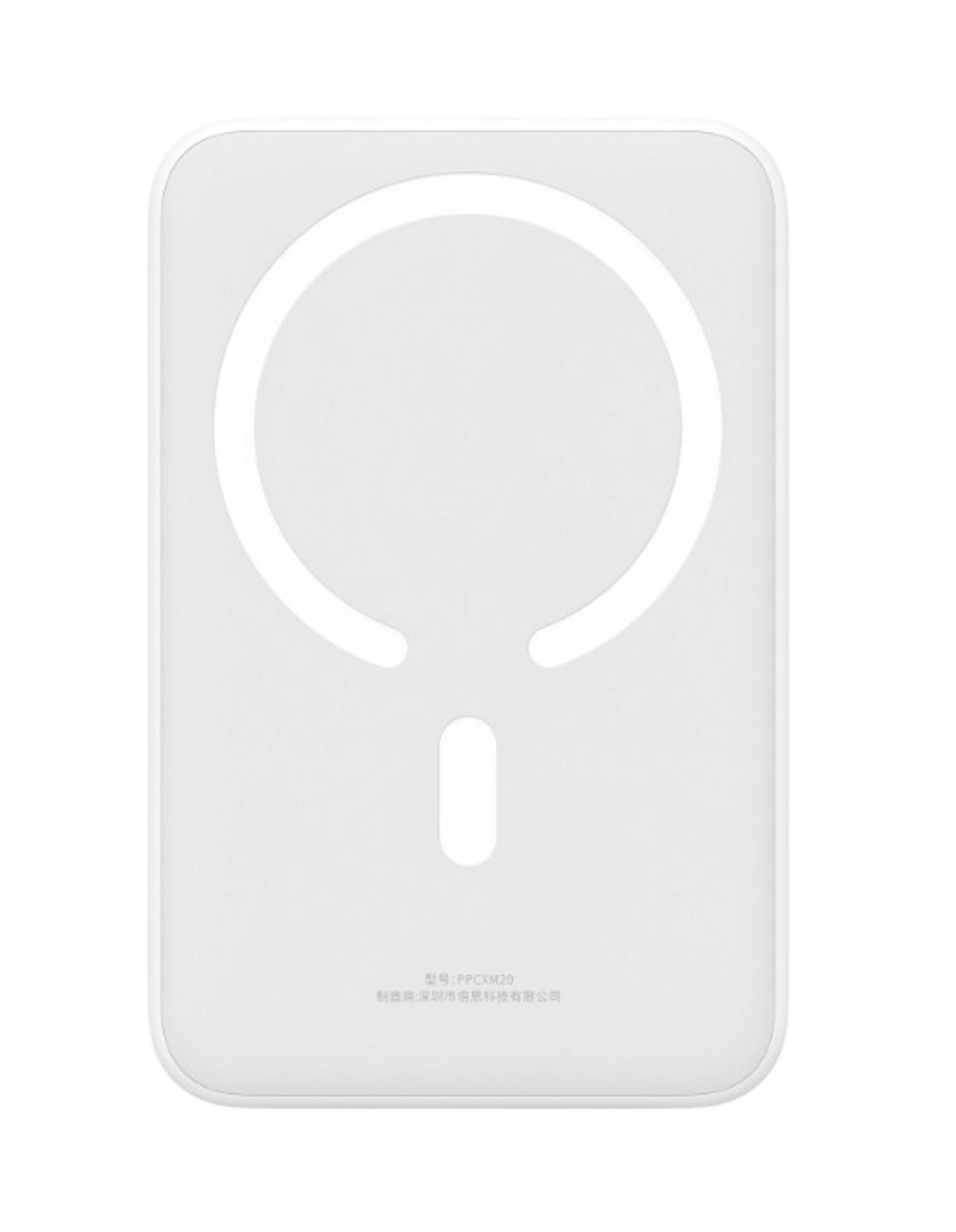 Power bank di ricarica magnetica bianca con motivo circolare e testo.