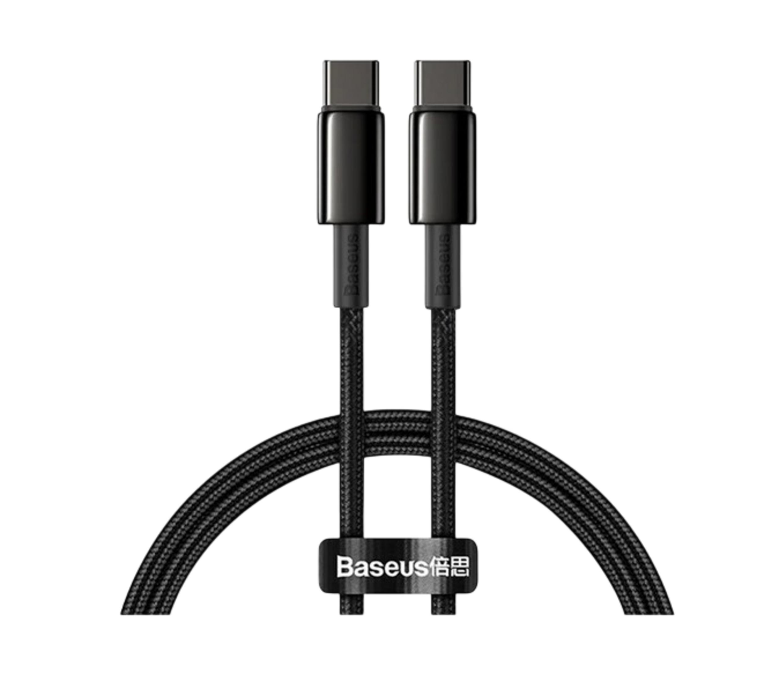 Due cavi USB-C neri con rivestimento in tessuto, uniti da una cinghia in velcro nera.