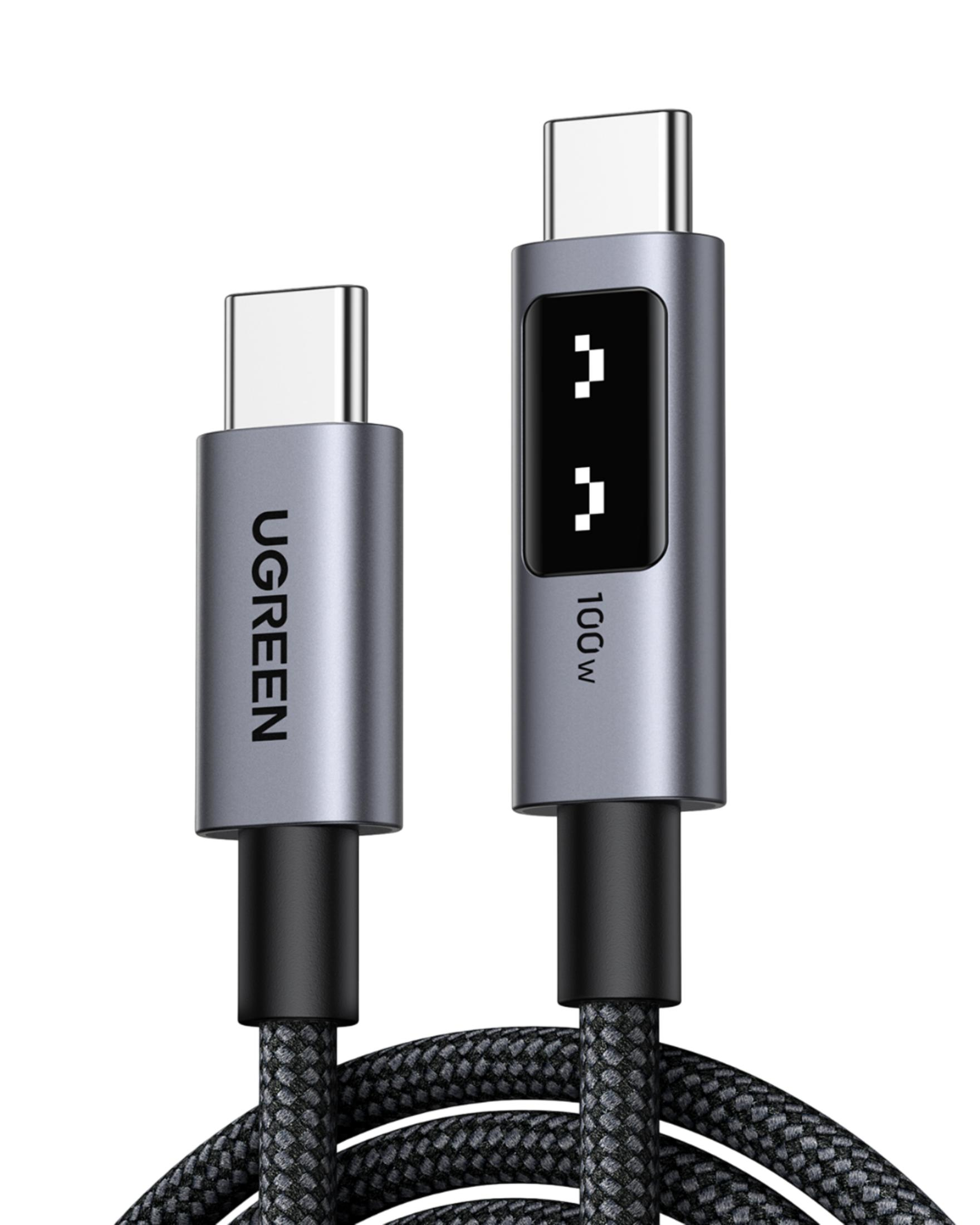 Dwa kable USB-C z plecionymi sznurkami. Jeden ma napis UGREEN, drugi pokazuje '100W'.