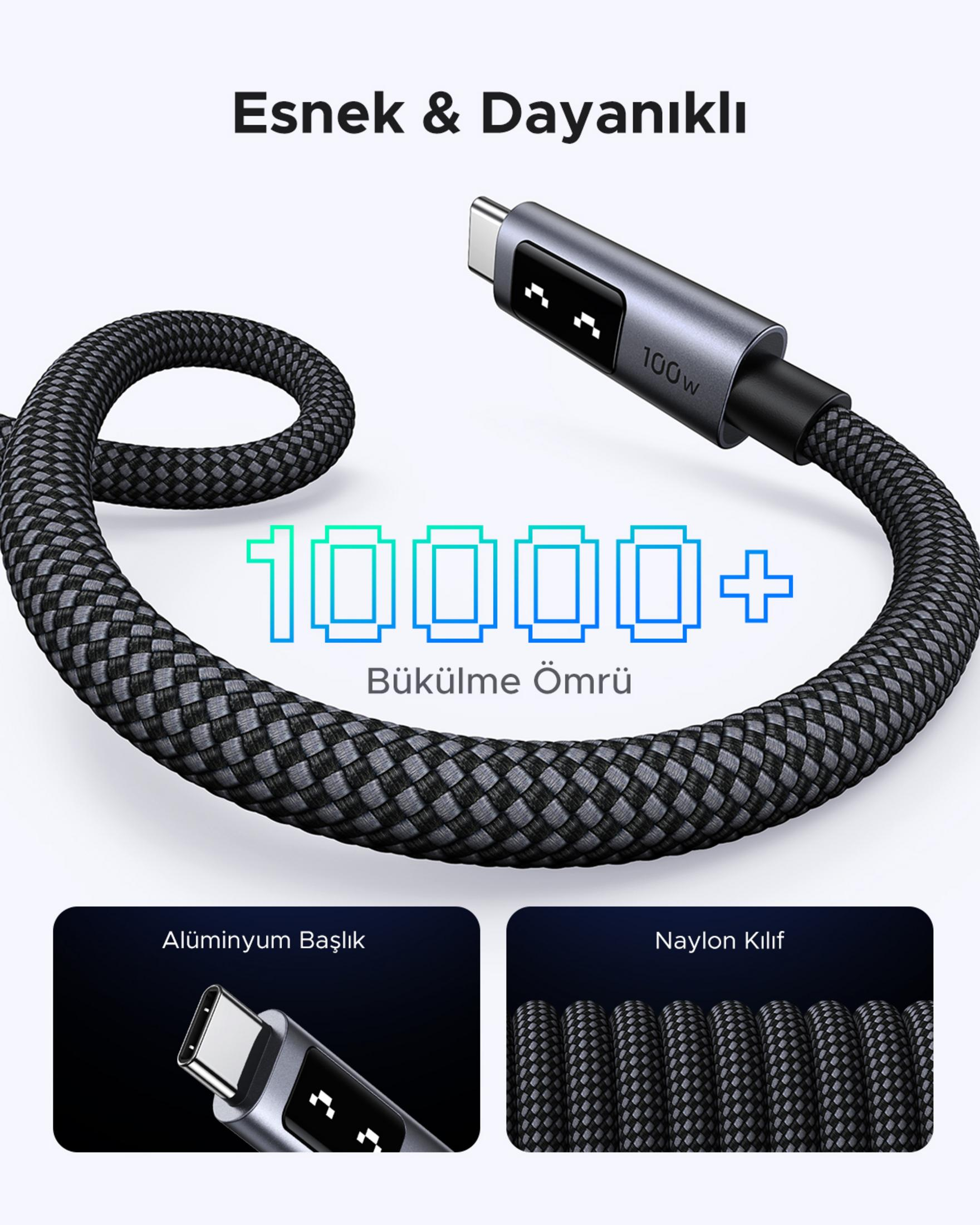 Elastyczny, wytrzymały kabel USB-C 100W z plecionym nylonowym płaszczem.