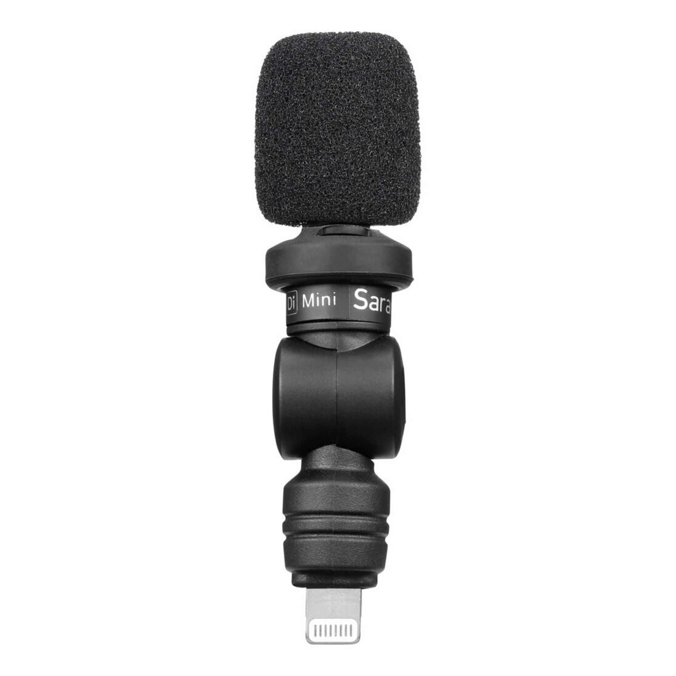 Un mini micrófono negro con parabrisas de espuma y conector Lightning.