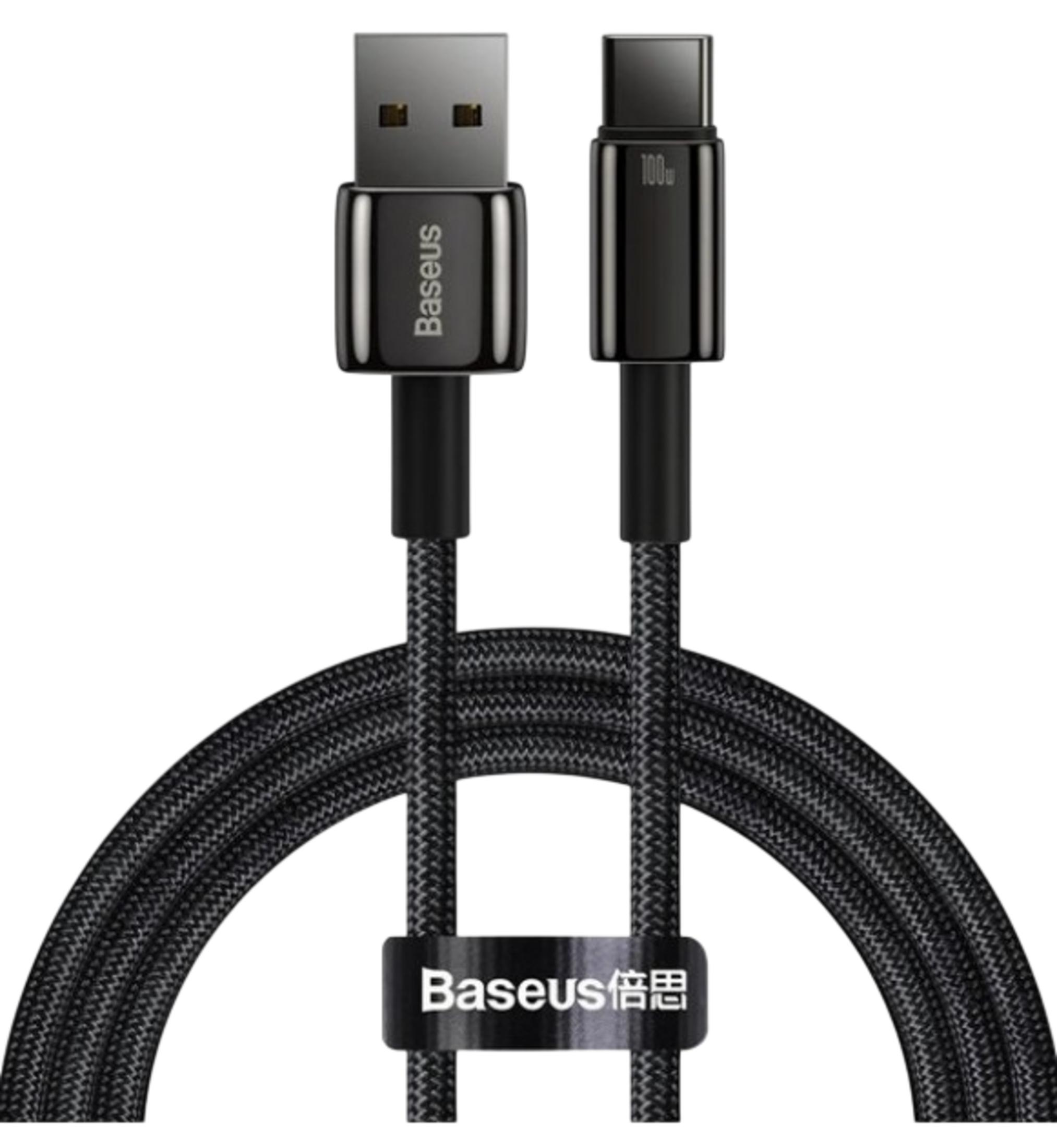Cavo Baseus USB-A a USB-C nero con cordino intrecciato e connettori metallici.