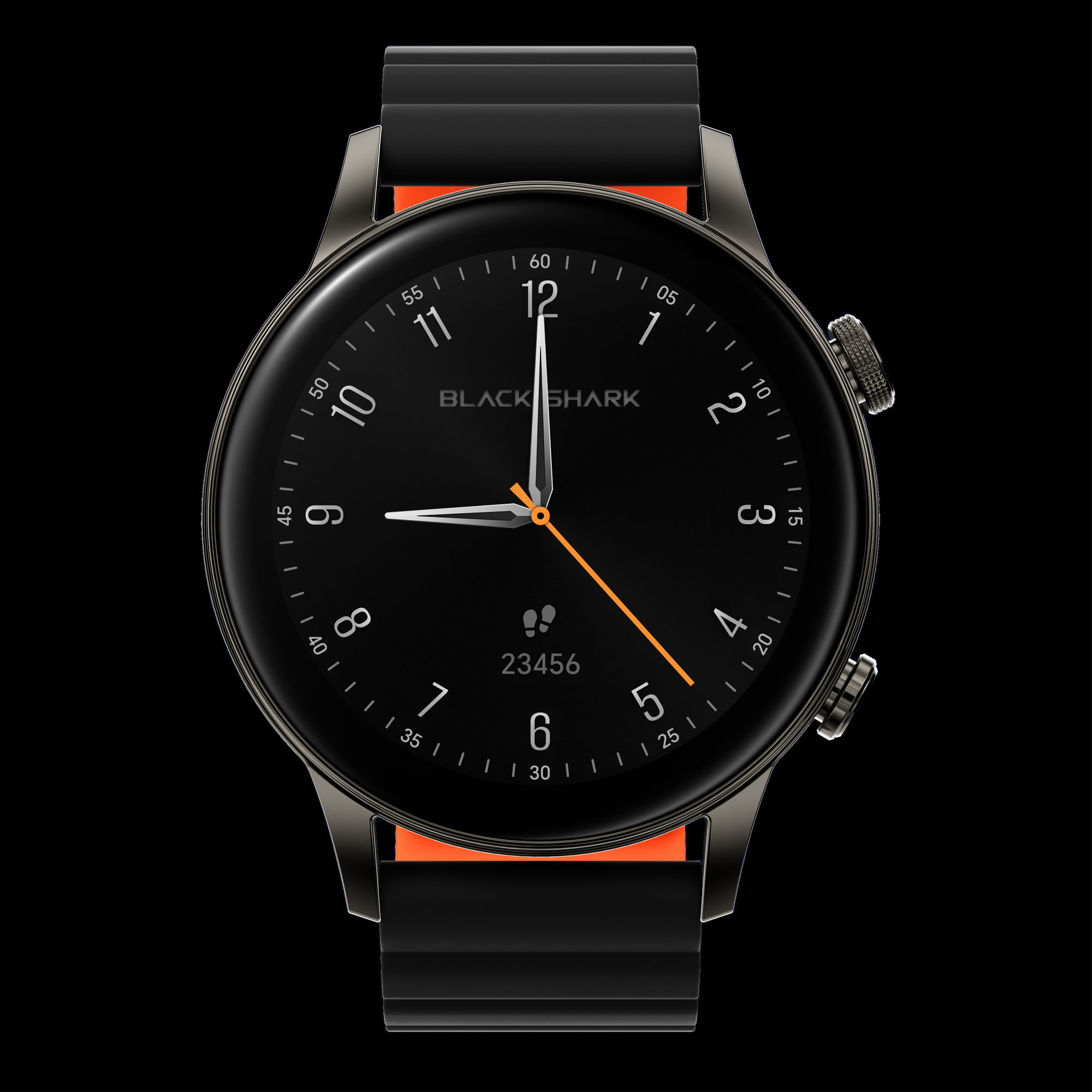 Un reloj inteligente negro con detalles naranjas y manecillas plateadas.