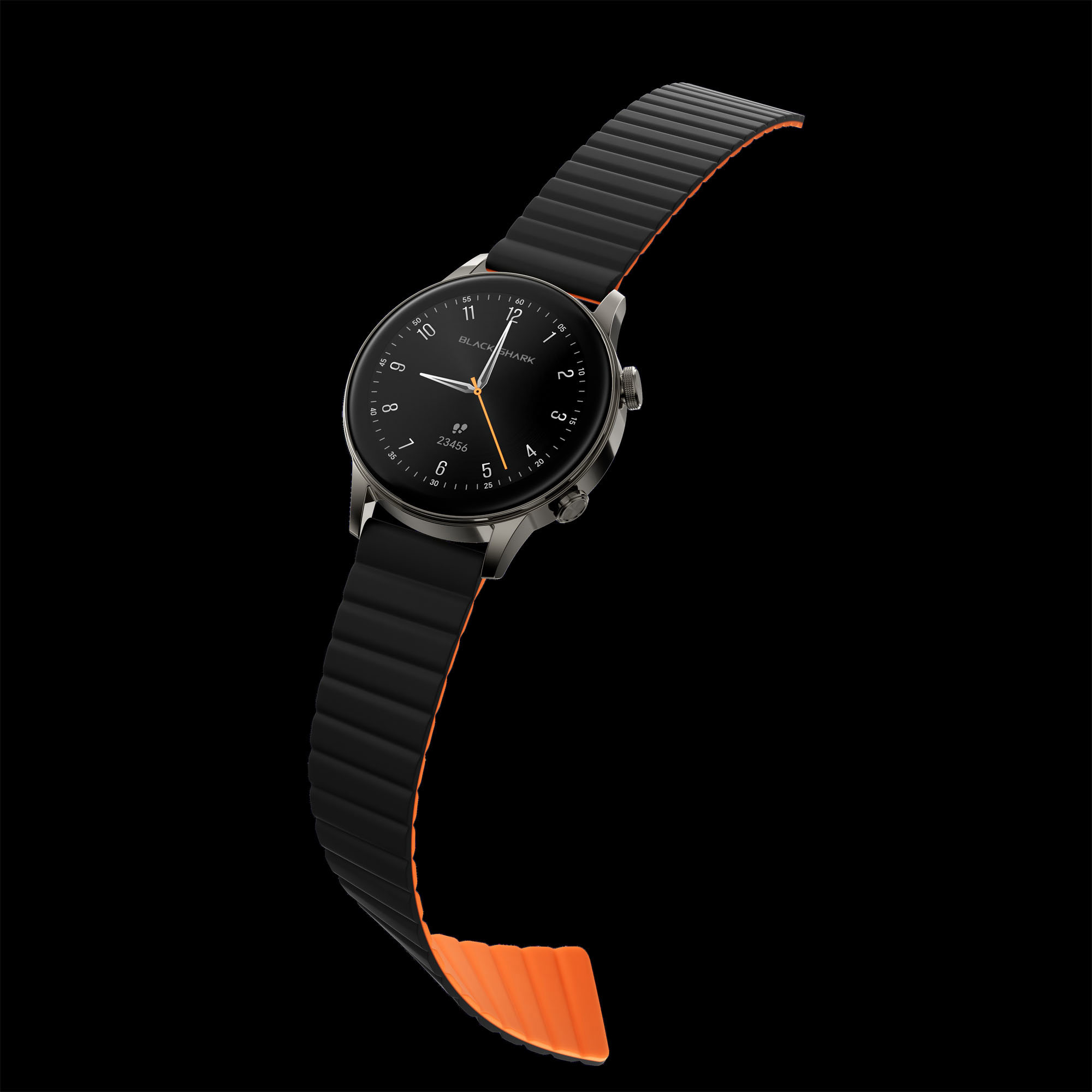 Un reloj inteligente negro con correa acanalada negra y forro naranja sobre fondo negro.