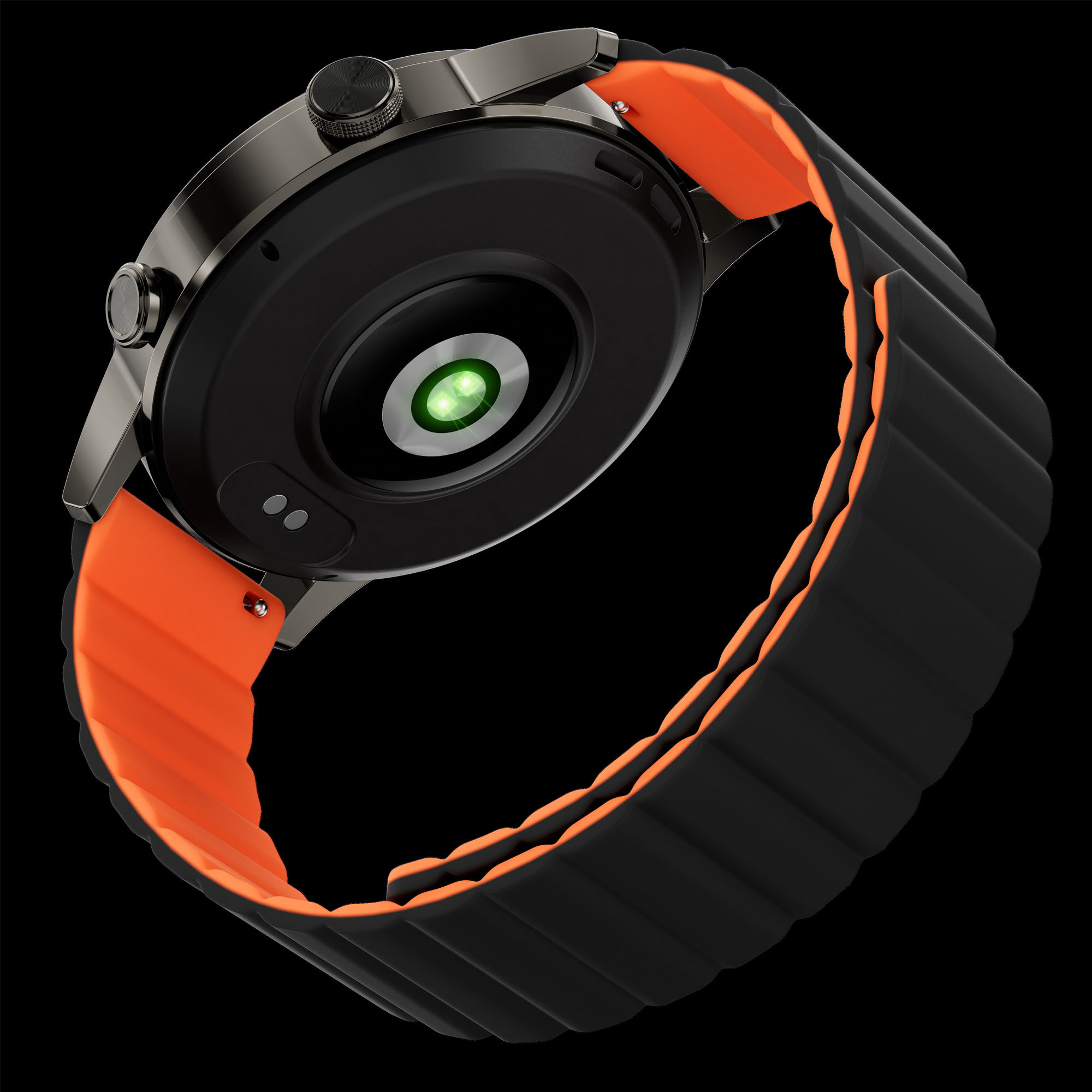 Reverso de un smartwatch con correa negra y forro naranja. Sensor verde.
