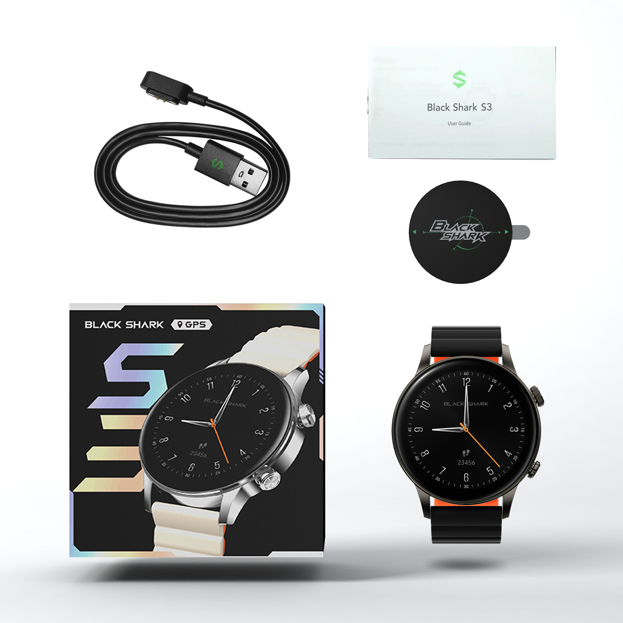 Smartwatch Black Shark con cargador, manual y pegatina.