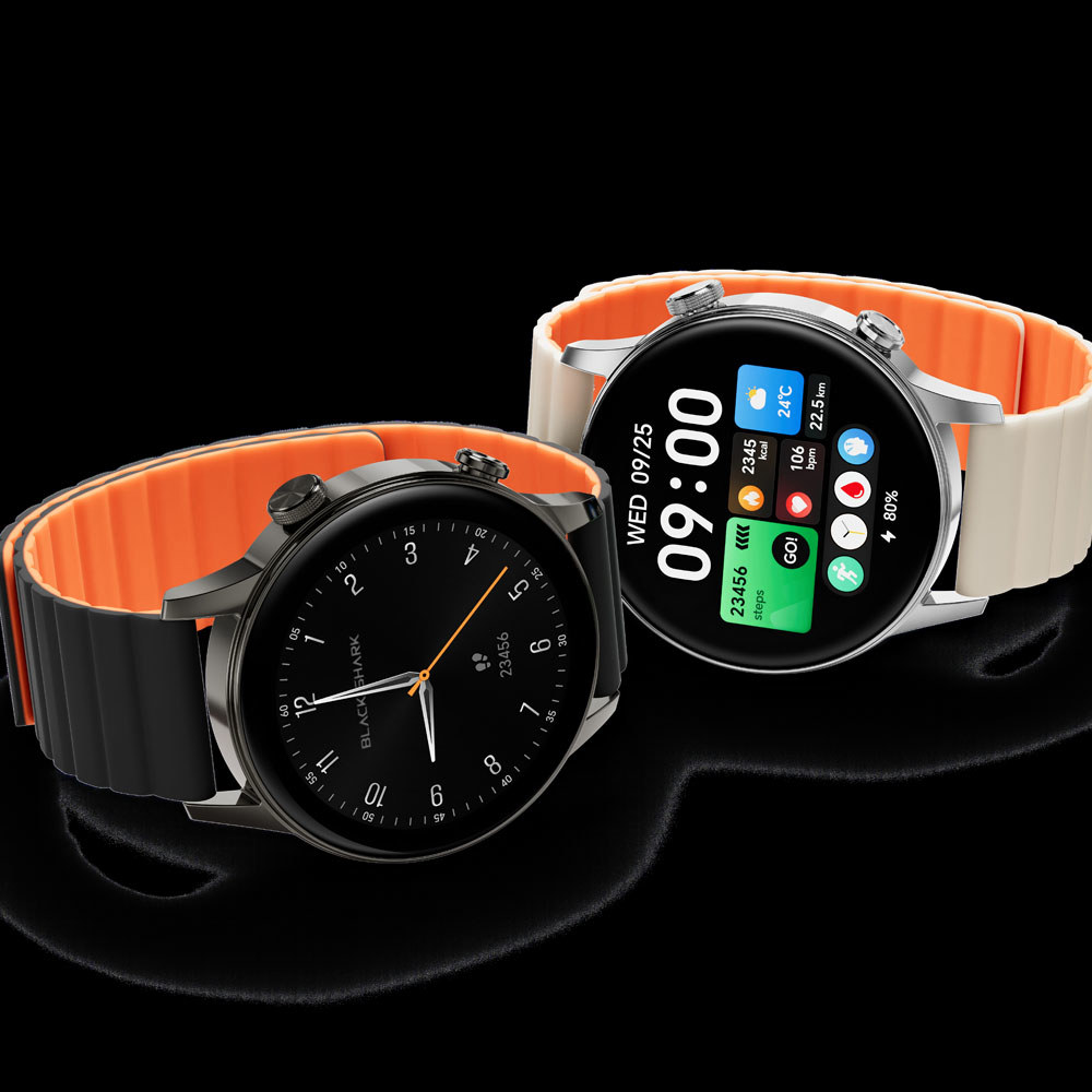 Dos smartwatches, una negra con correa naranja, una plateada con correa beige.