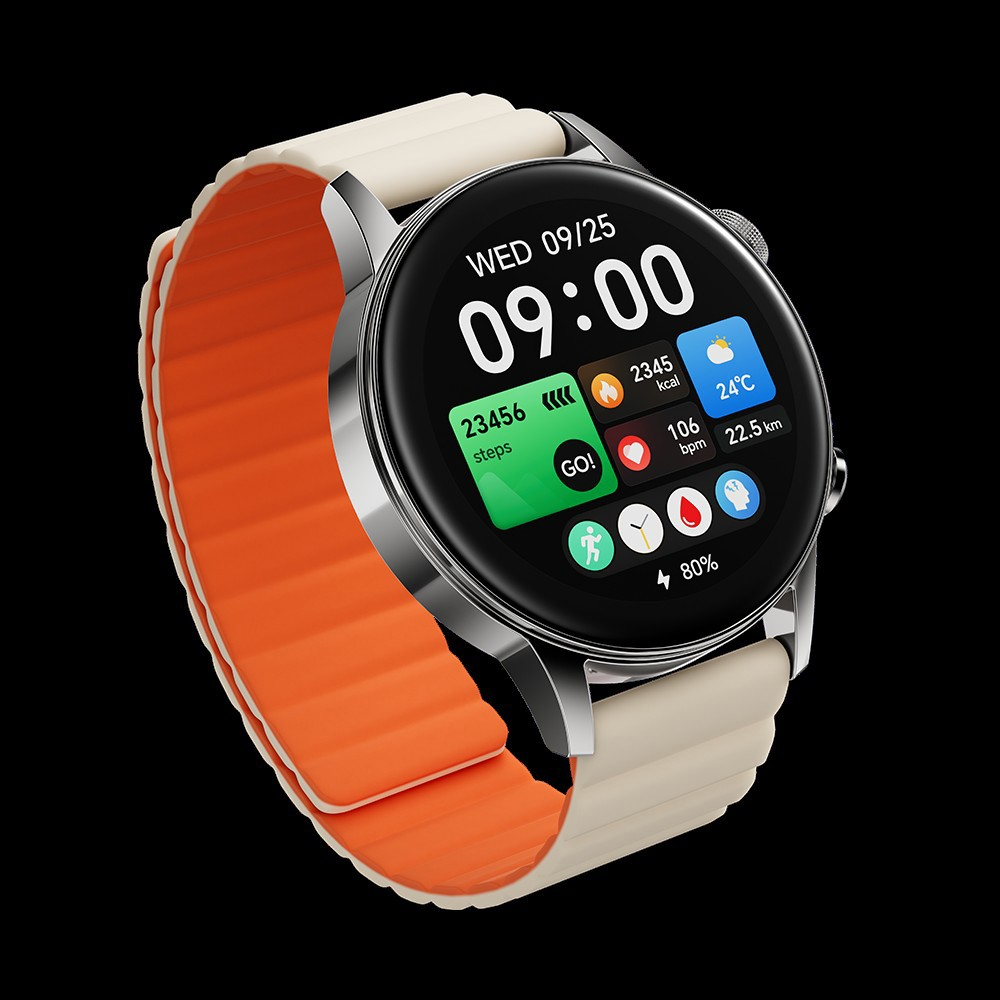 Un reloj inteligente con carcasa plateada y correa bicolor, muestra hora y datos de fitness.