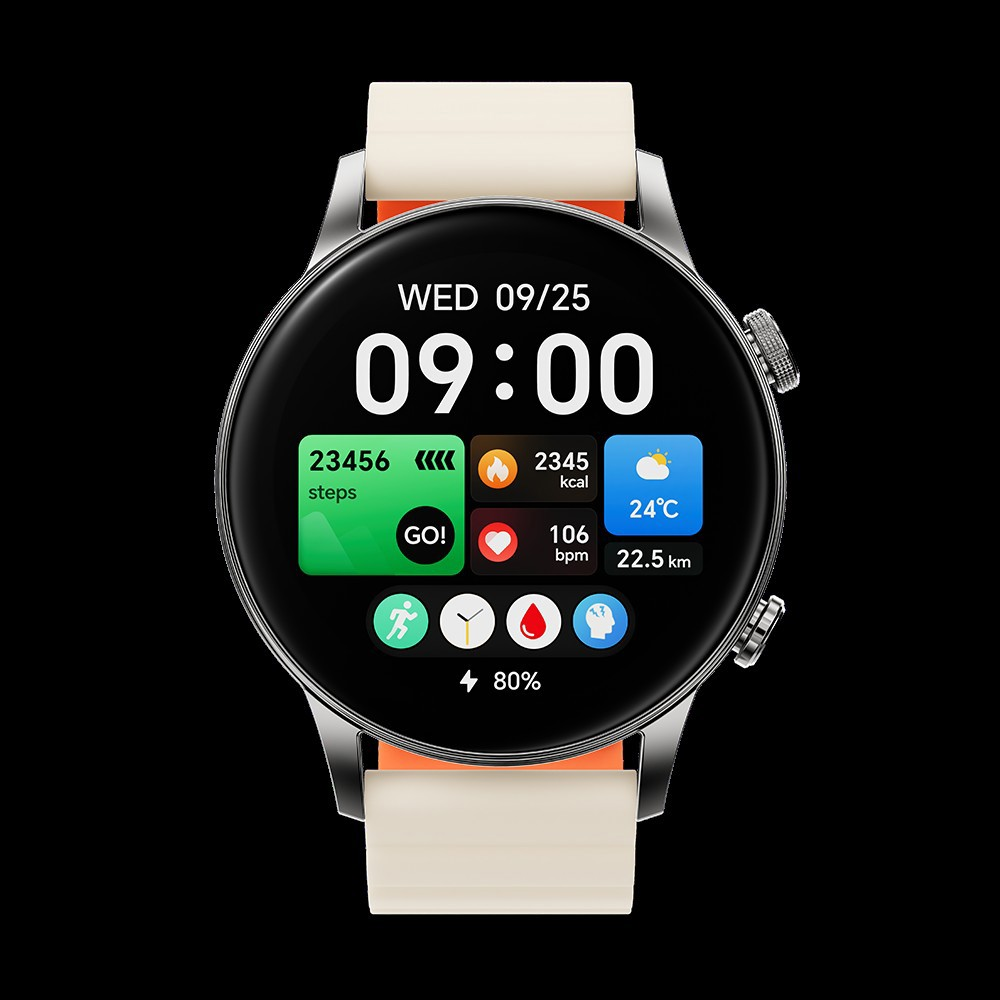 Reloj inteligente mostrando hora 09:00, fecha MIÉ 09/25, pasos, kcal, temp, pulso.