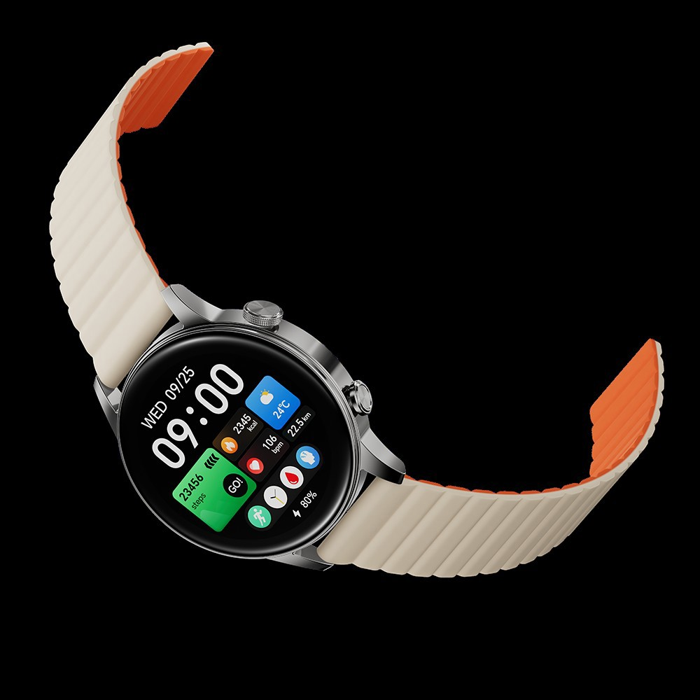 Un smartwatch muestra 09:00, 23456 pasos, 2345 kcal, 106 lpm, 22,5 km, 80% de carga.