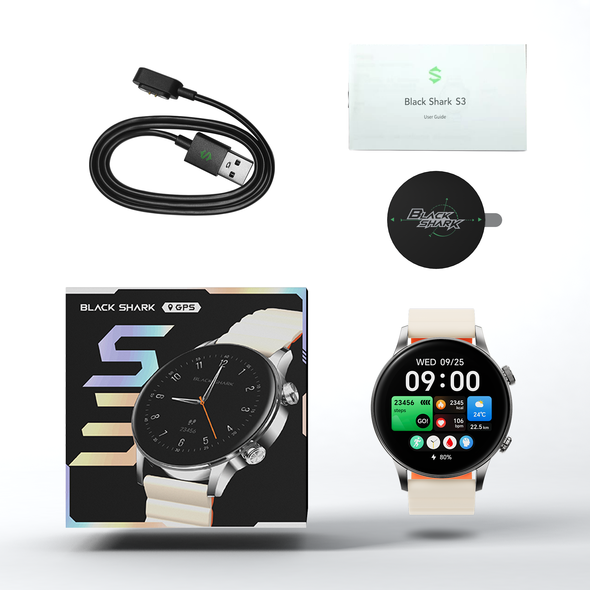 Smartwatch Black Shark S3 con accesorios: cable, manual y reloj.
