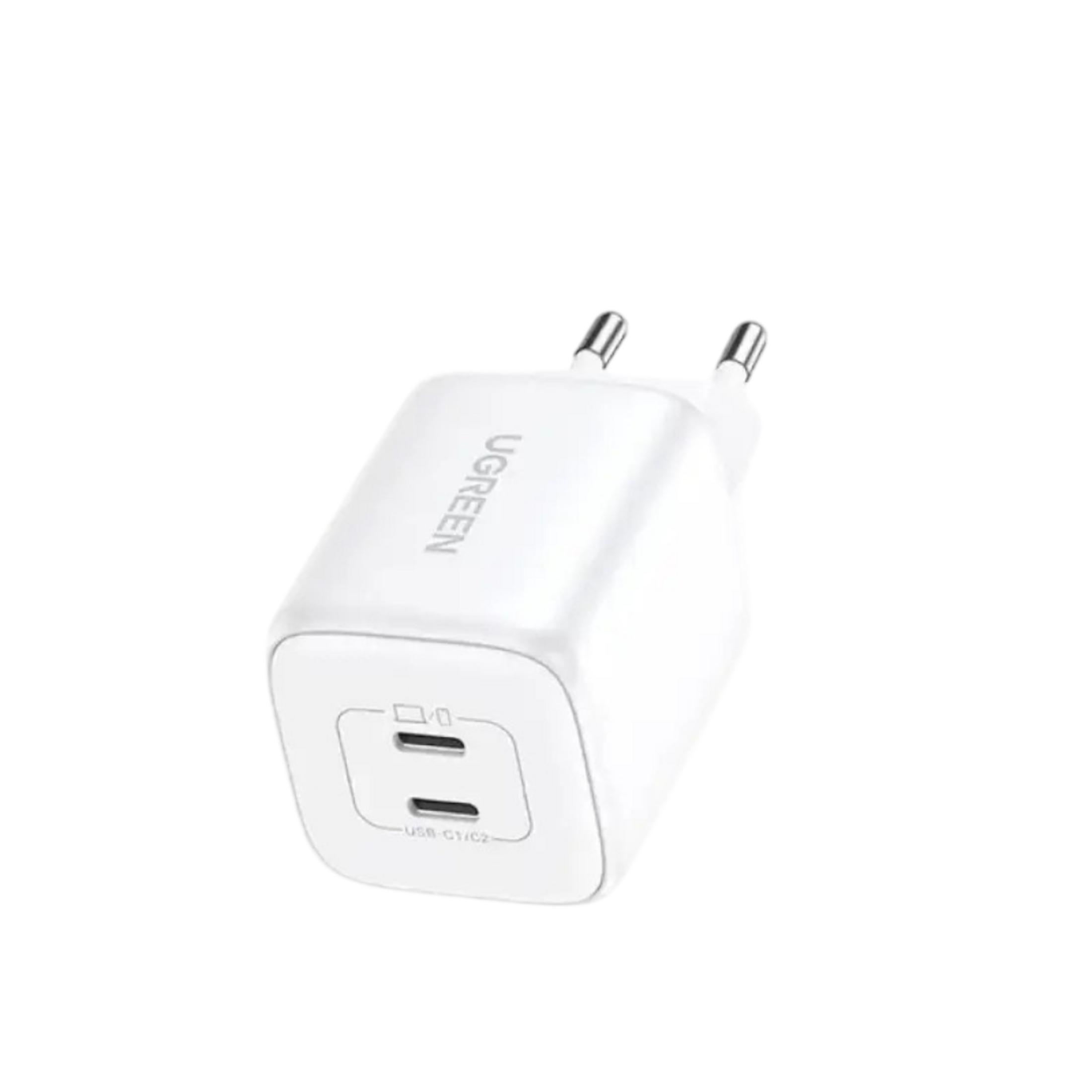 Biała ładowarka UGREEN z dwoma portami USB-C i składanymi bolcami.