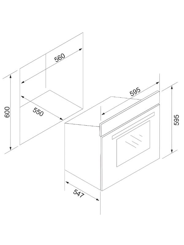 Gömme fırının teknik çizimi boyutlarla: G 59,5cm, Y 59,5cm, D 54,7cm.