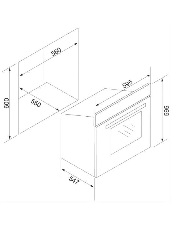 595x595x547mm boyutlarında ankastre fırının teknik çizimi.