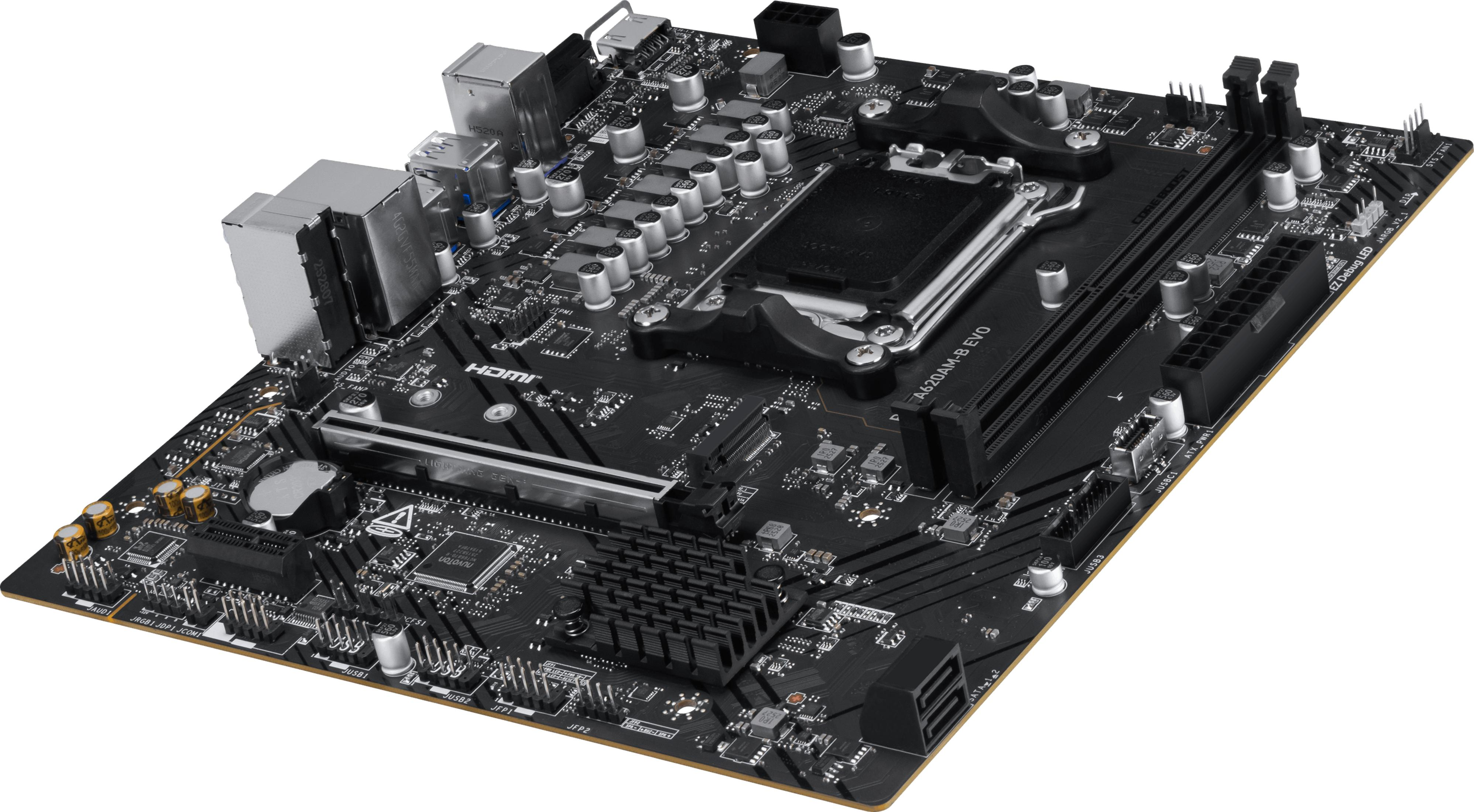Una scheda madre nera con socket CPU, slot RAM e vari connettori.