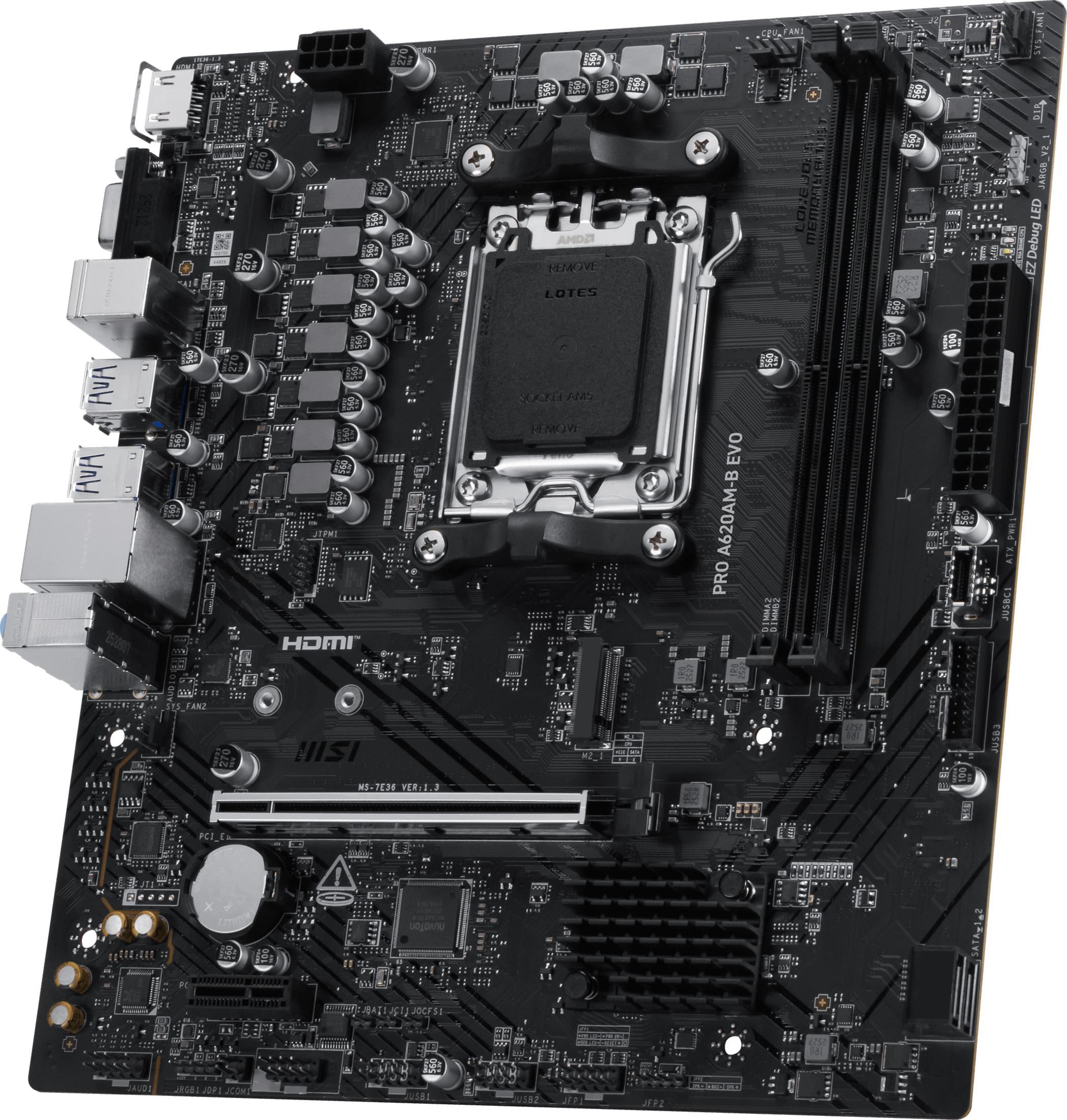 Scheda madre nera con socket CPU, slot RAM, HDMI e porte USB.