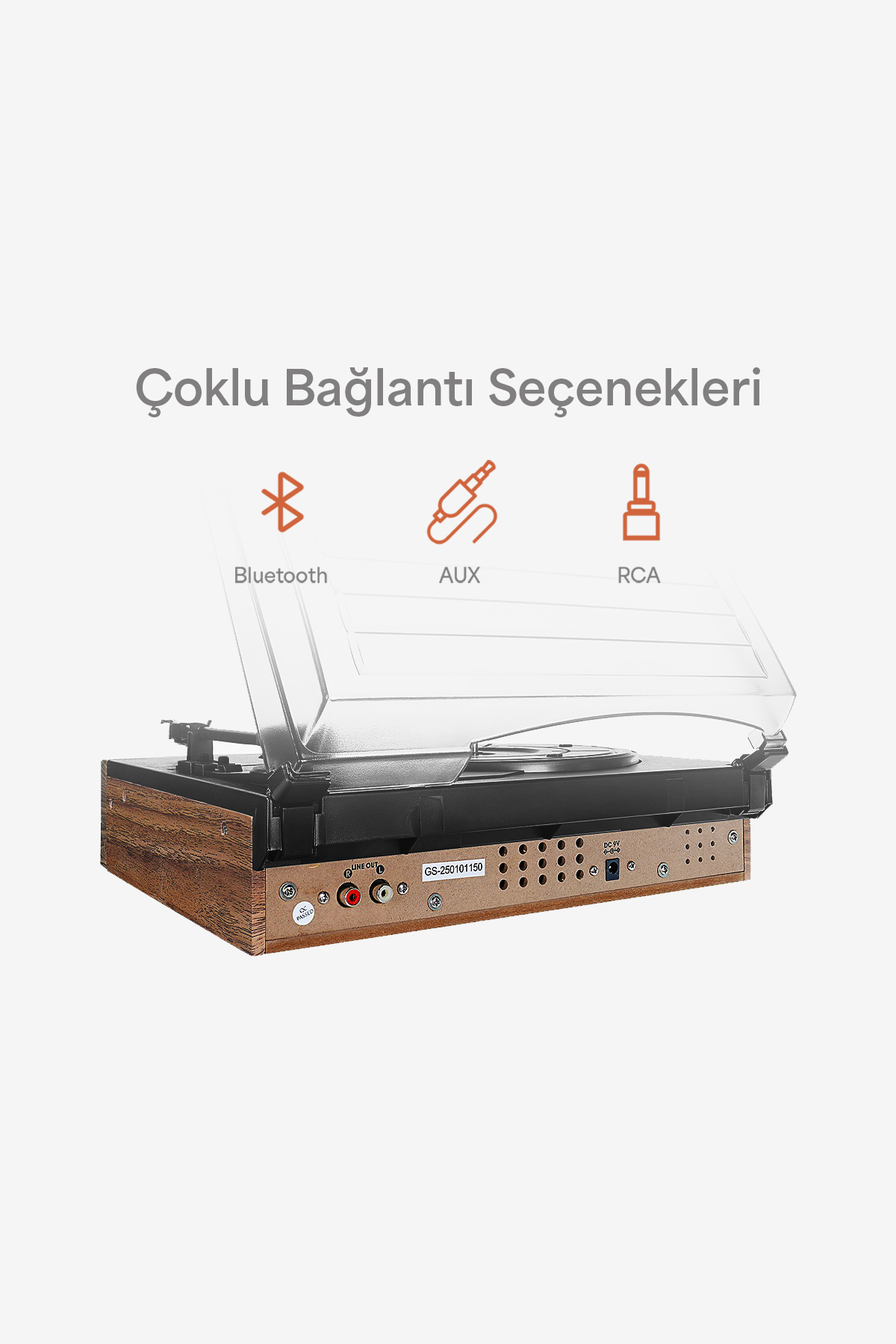 Bluetooth, AUX ve RCA bağlantı seçeneklerine sahip pikap.