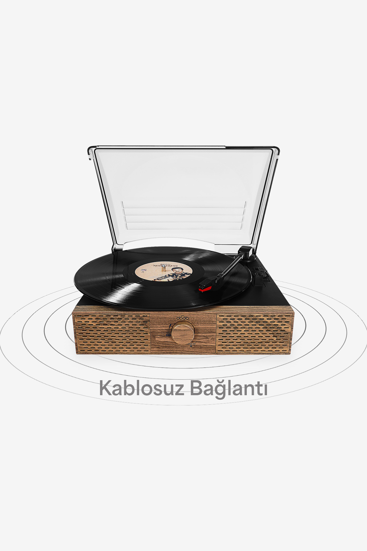 Vinil plaklı, ahşap kasalı, şeffaf kapaklı siyah pikap.