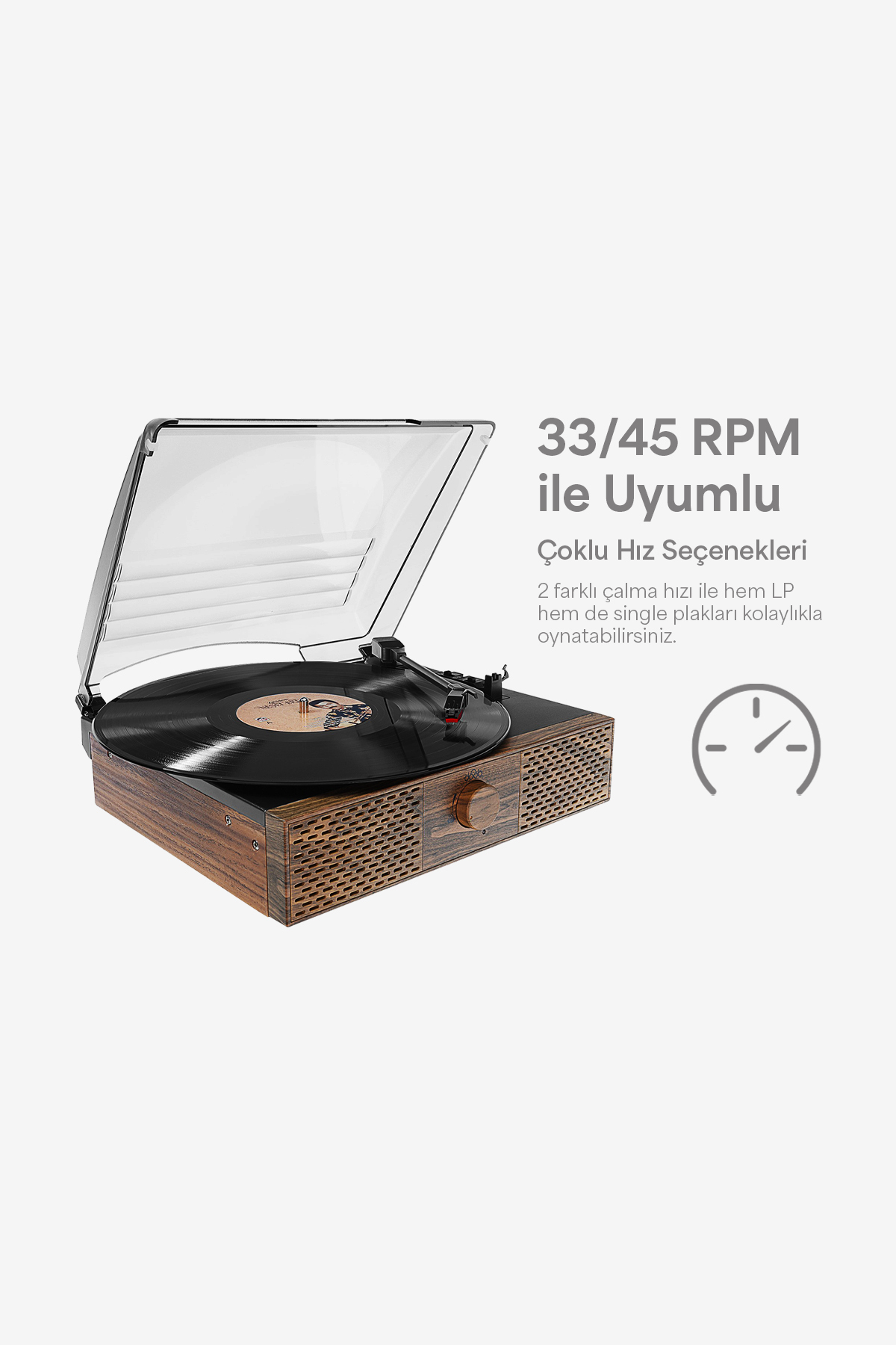 33/45 RPM plak çalar, şeffaf kapaklı, ahşap gövdeli.
