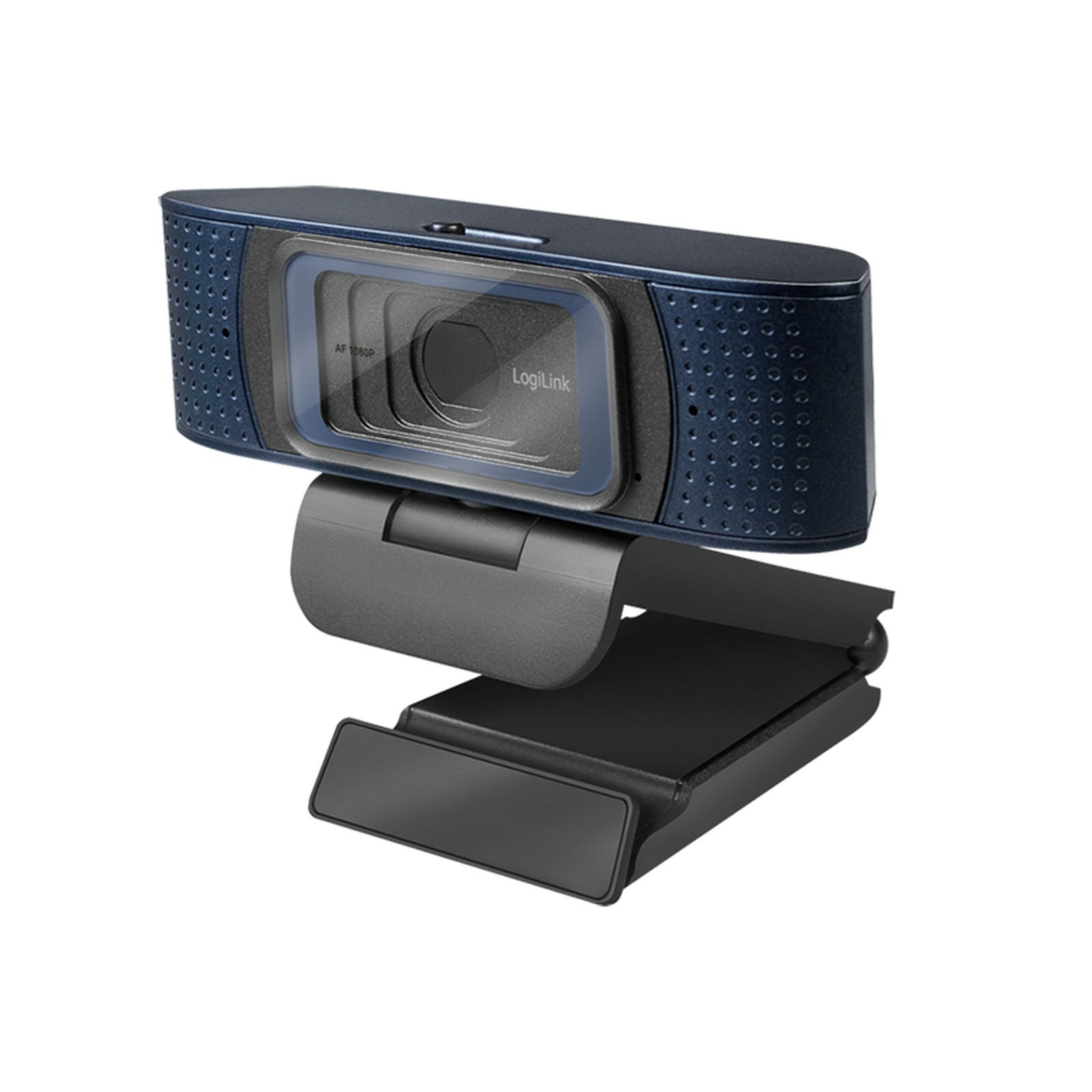 Una webcam LogiLink blu scuro con supporto regolabile, su sfondo bianco.