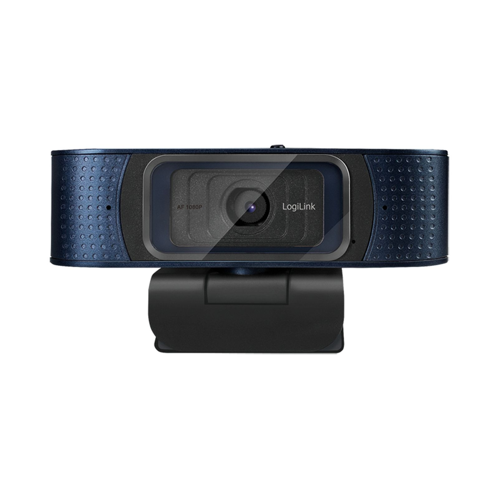 Una webcam Logitech blu scuro da 1080p con microfono integrato, su supporto nero.