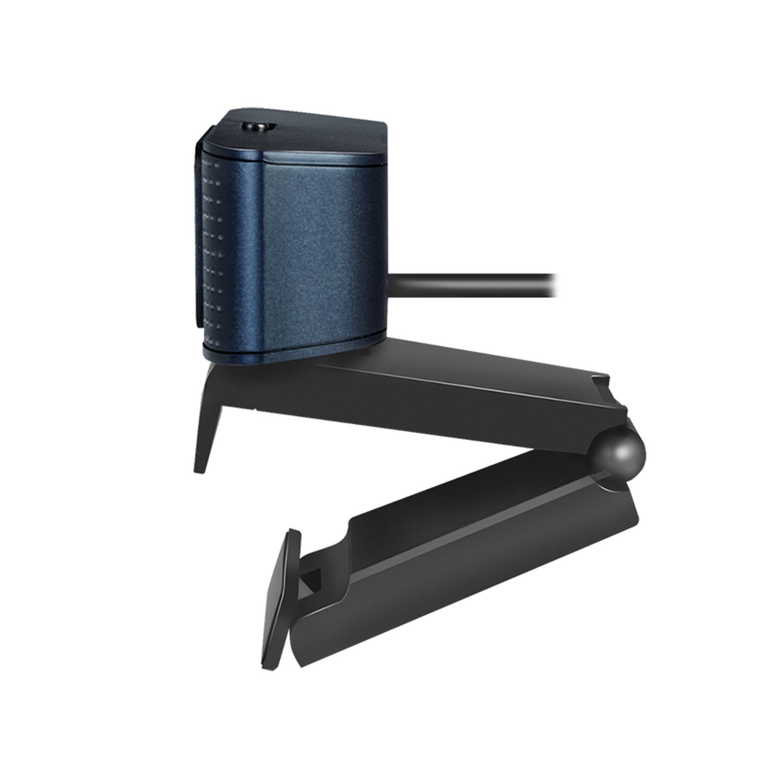 Una webcam blu con supporto nero, su sfondo bianco.